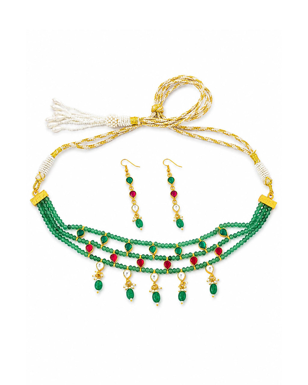 Handmade Green Bead Kundan Choker Necklace Set with Dangle Earrings  Indian Bridal Jewelry