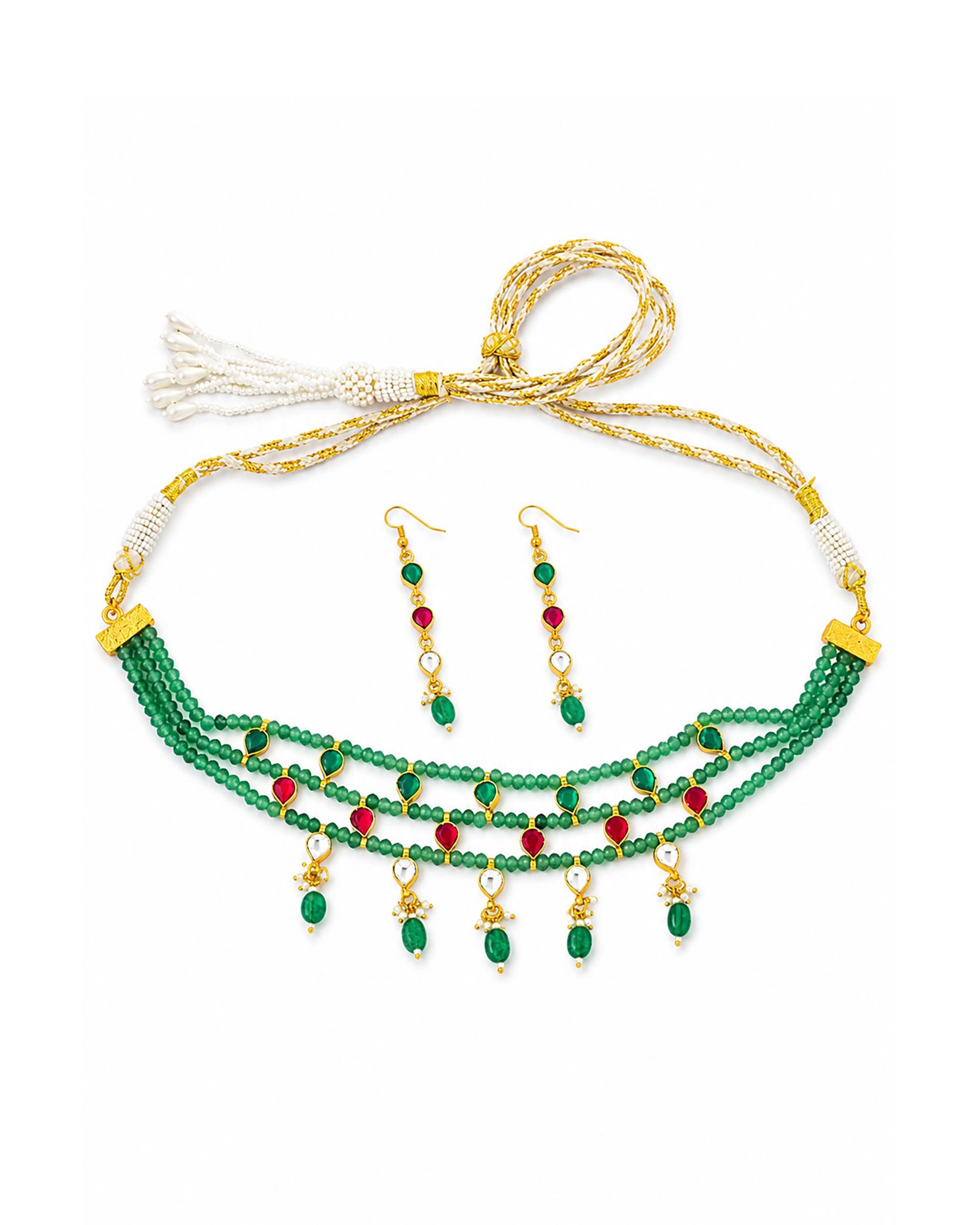 Handmade Green Bead Kundan Choker Necklace Set with Dangle Earrings  Indian Bridal Jewelry