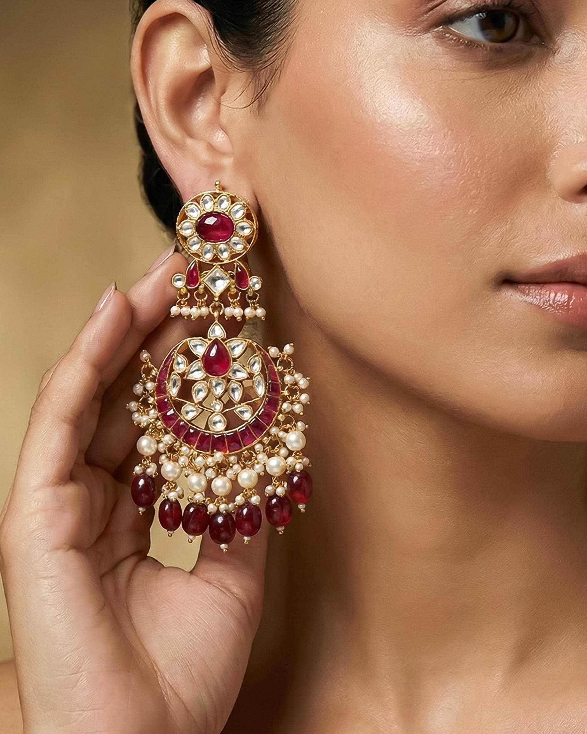 Heritage Pachi Kundan & Ruby Chandbali Earrings with Pearl Droplets
