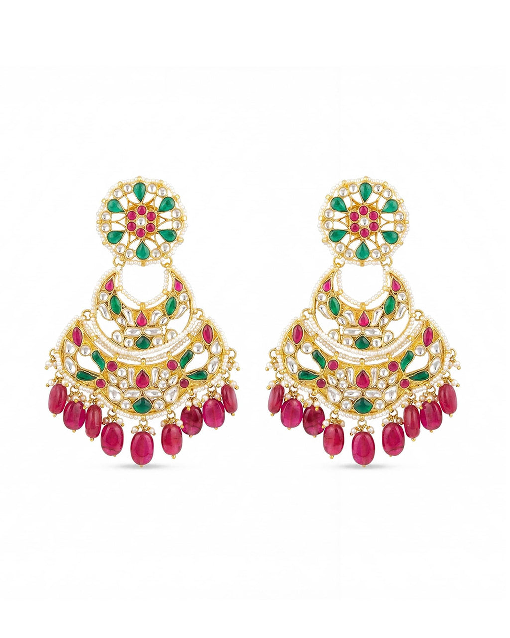 Royal Multi-Tiered Pachi Kundan Chandbali Earrings with Emerald & Pink Bead Drops