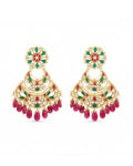 Royal Multi-Tiered Pachi Kundan Chandbali Earrings with Emerald & Pink Bead Drops