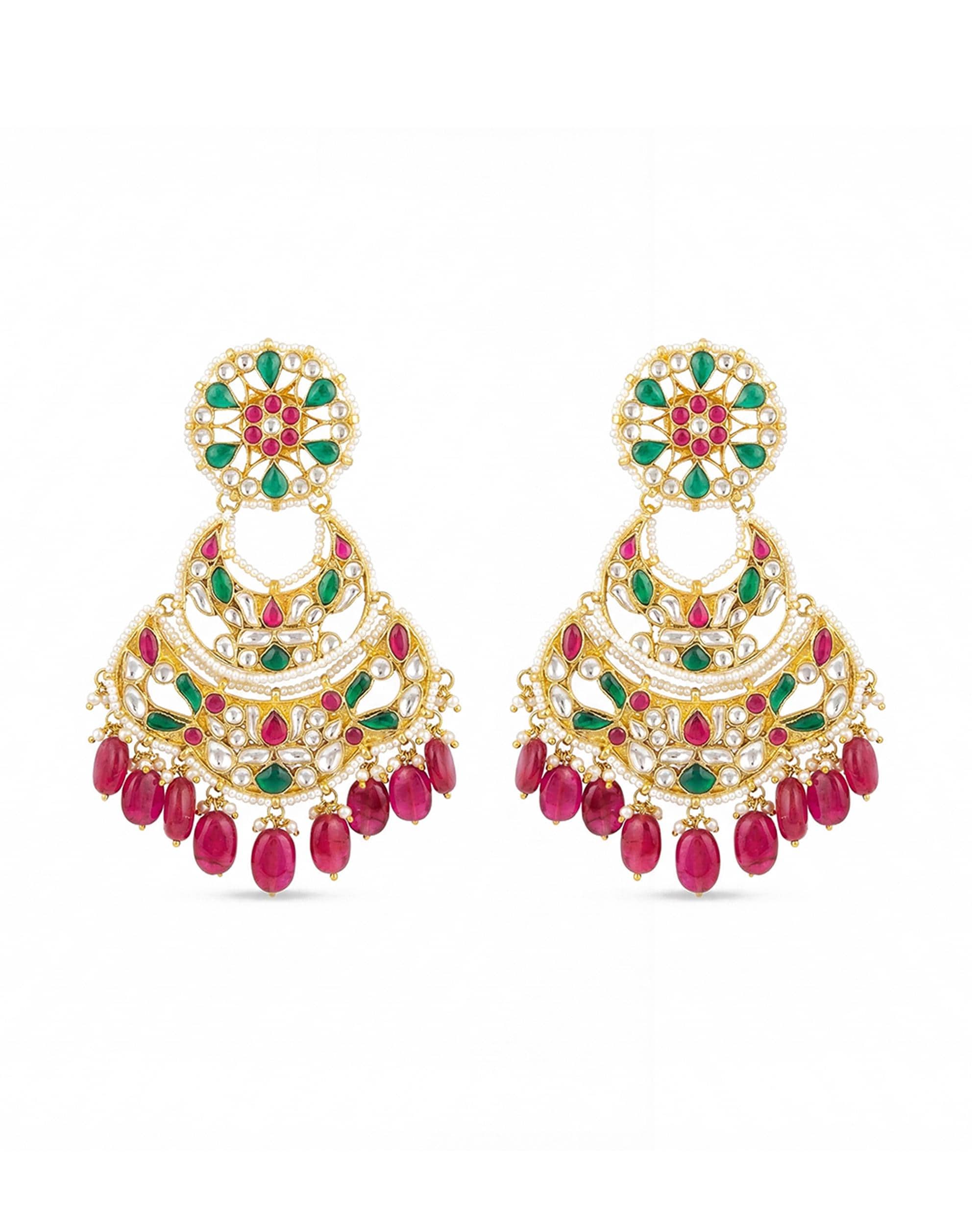 Royal Multi-Tiered Pachi Kundan Chandbali Earrings with Emerald & Pink Bead Drops