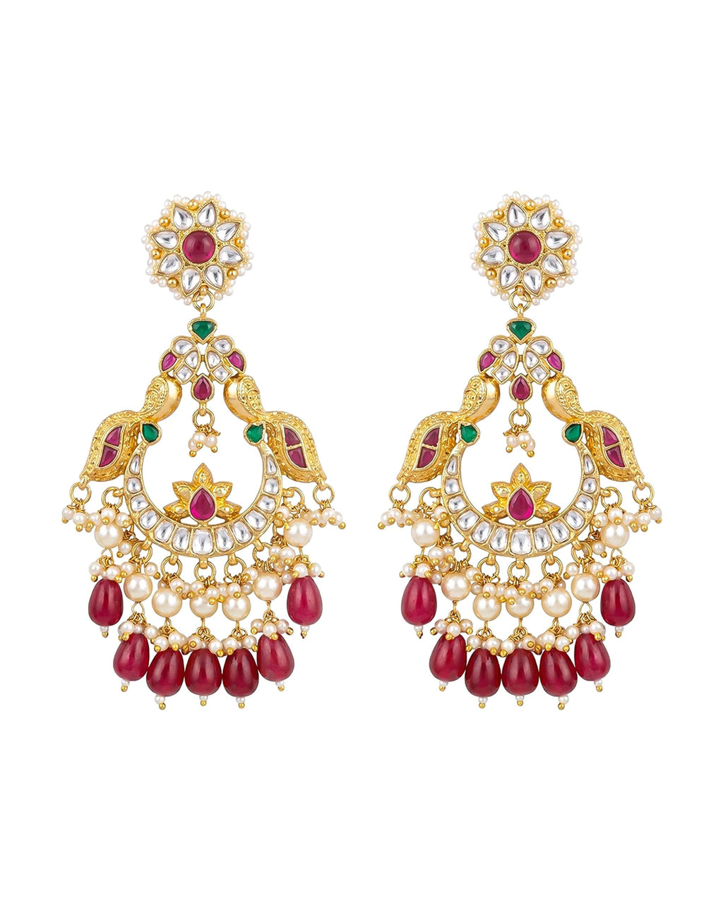 Bridal chandbali Royal Peacock Chandbali Earrings: Pachi Kundan, Ruby Tumbled Beads, Bridal Indian Wedding Jewelry