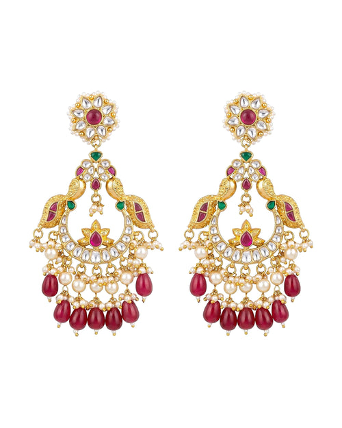 Pendientes de Chandbali de Pavo Real Real de Novia: Pachi Kundan, Cuentas de Rubí, Joyería India de Boda Nupcial