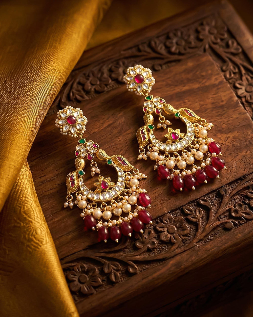 Bridal chandbali Royal Peacock Chandbali Earrings: Pachi Kundan, Ruby Tumbled Beads, Bridal Indian Wedding Jewelry