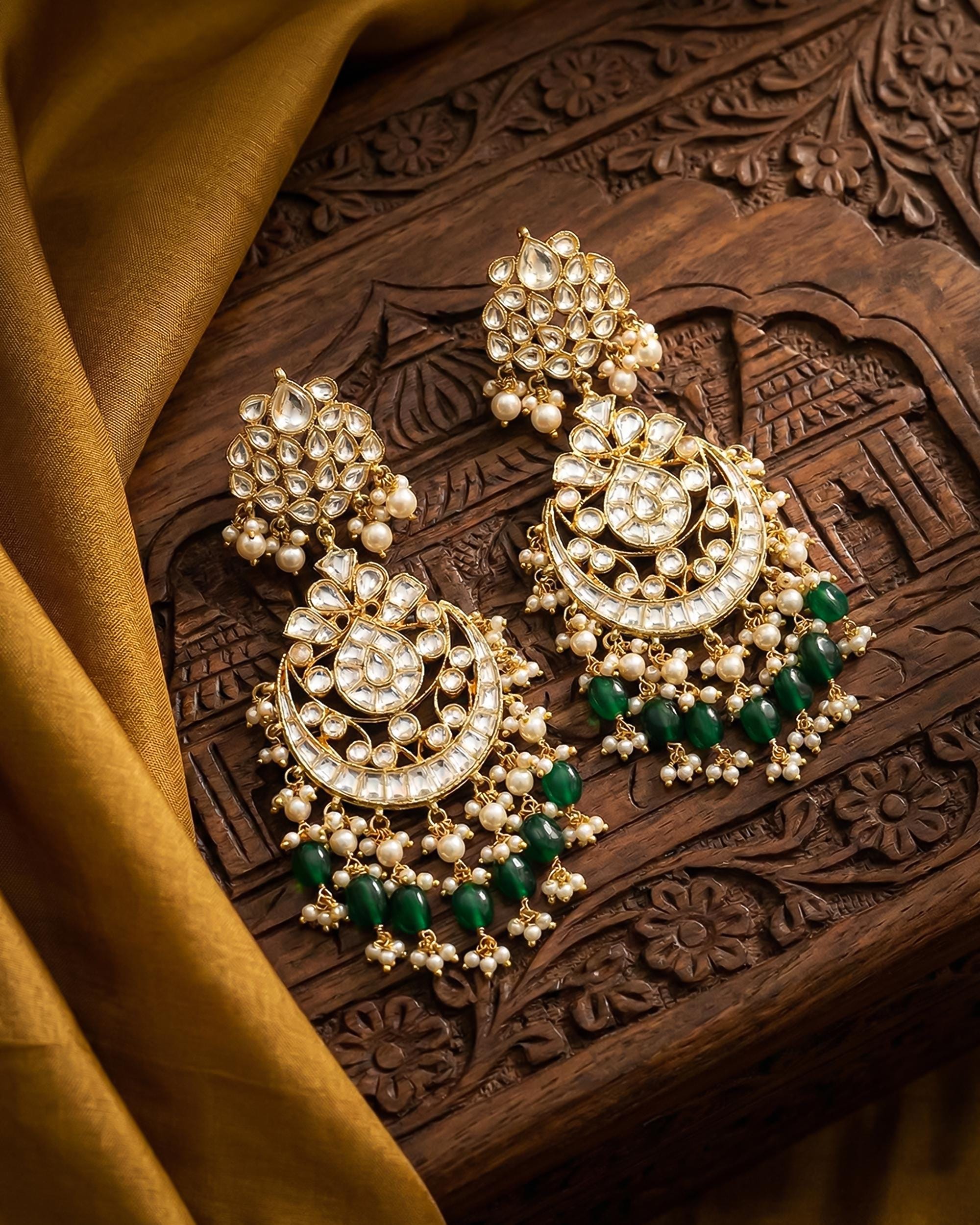 Classic Pachi Kundan Chandbali Earrings with Emerald Beads & Pearls  Heritage Bridal Jewelry