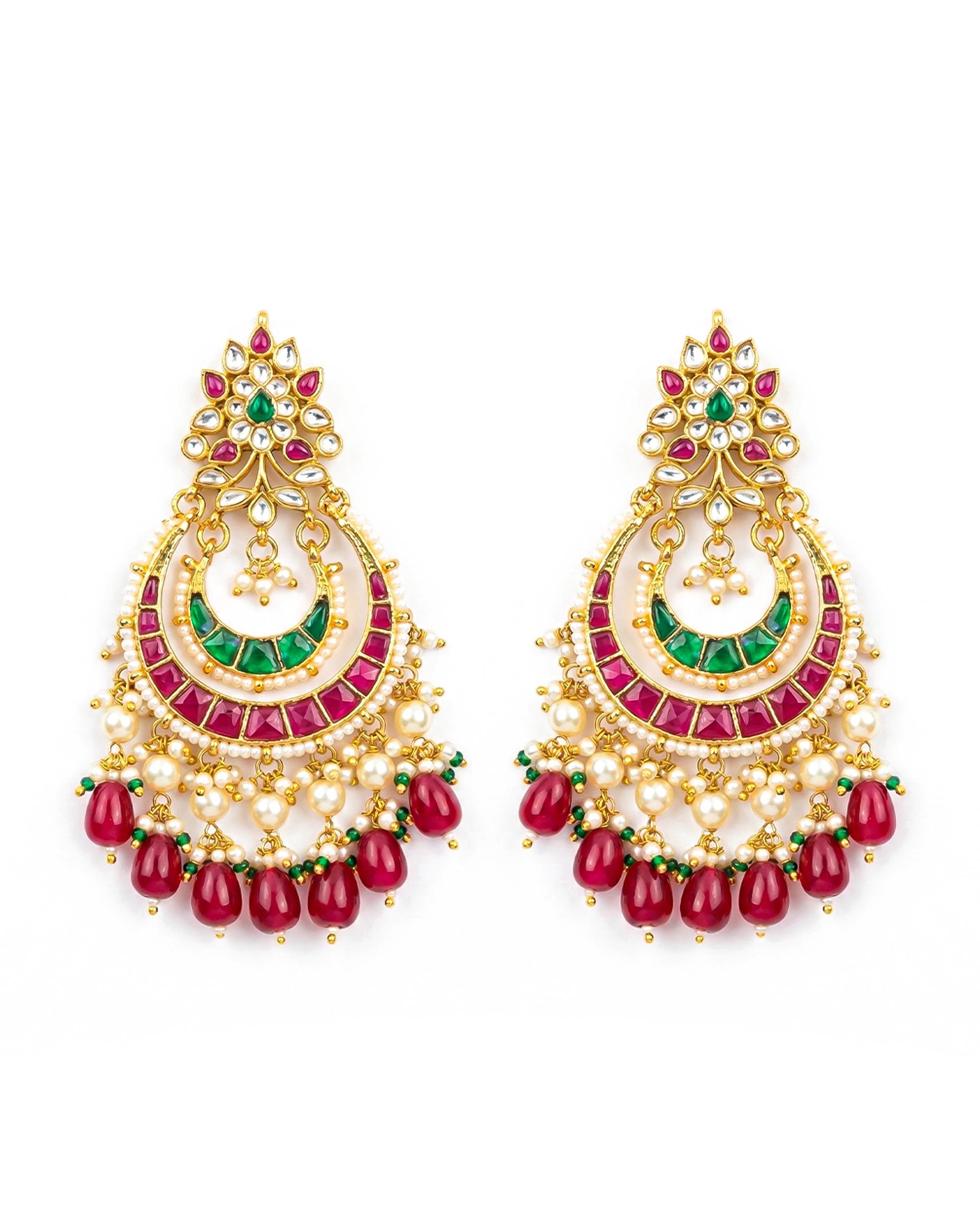 Heritage Kundan Chandbali Earrings with Ruby Emerald Accents  Indian Bridal Saree Jewelry