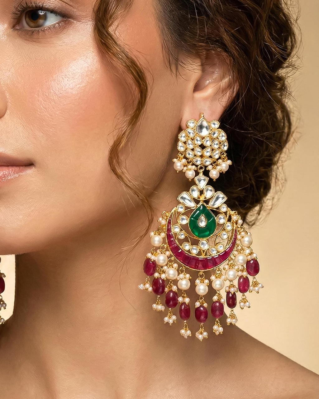 Heritage Pachi Kundan Chandbali Earrings, Emerald Teardrop Ruby Accent Bridal Jewelry
