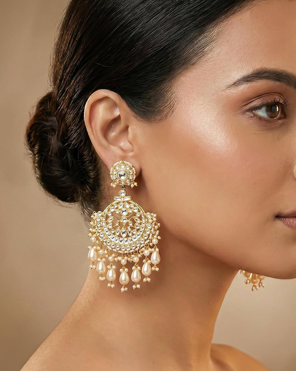 Heritage Chandbali Earrings with Champagne Pearl Teardrops, Pachi Kundan Bridal Jewelry