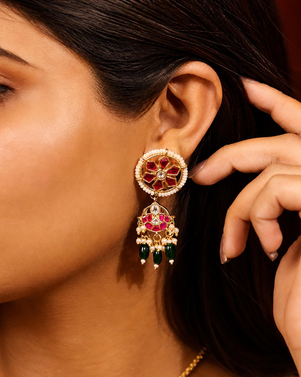 Handmade Floral Kundan Necklace Set  Gold Plated Ruby Red Enamel Geometric Pendant