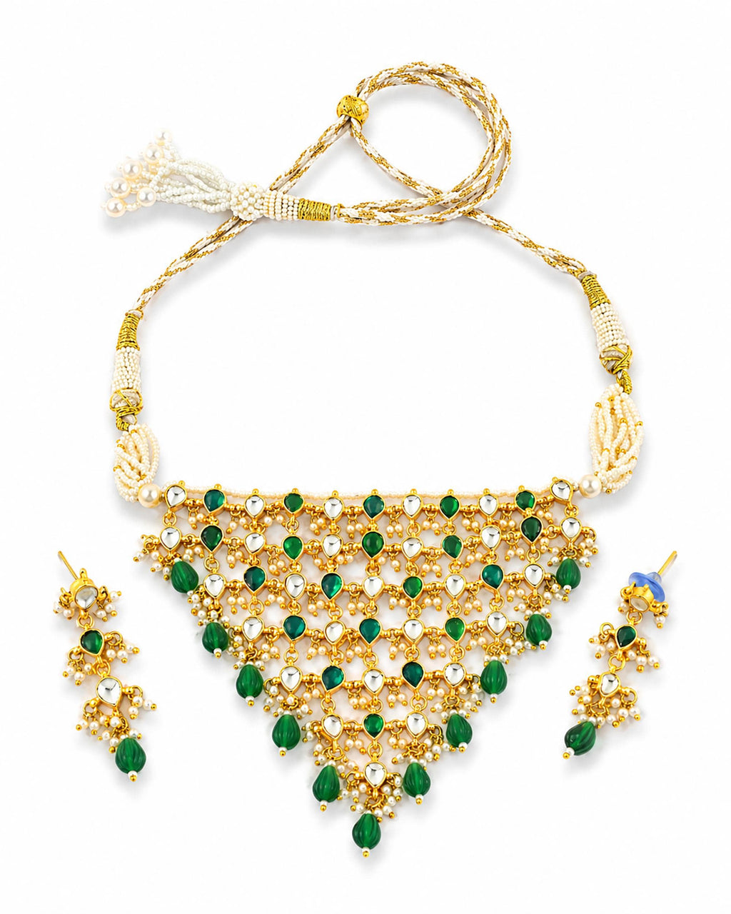 Handmade Kundan Mesh Choker Necklace Set with Earrings  Traditional Indian Bridal Jewelry  Emerald Green Stone Bib Collar