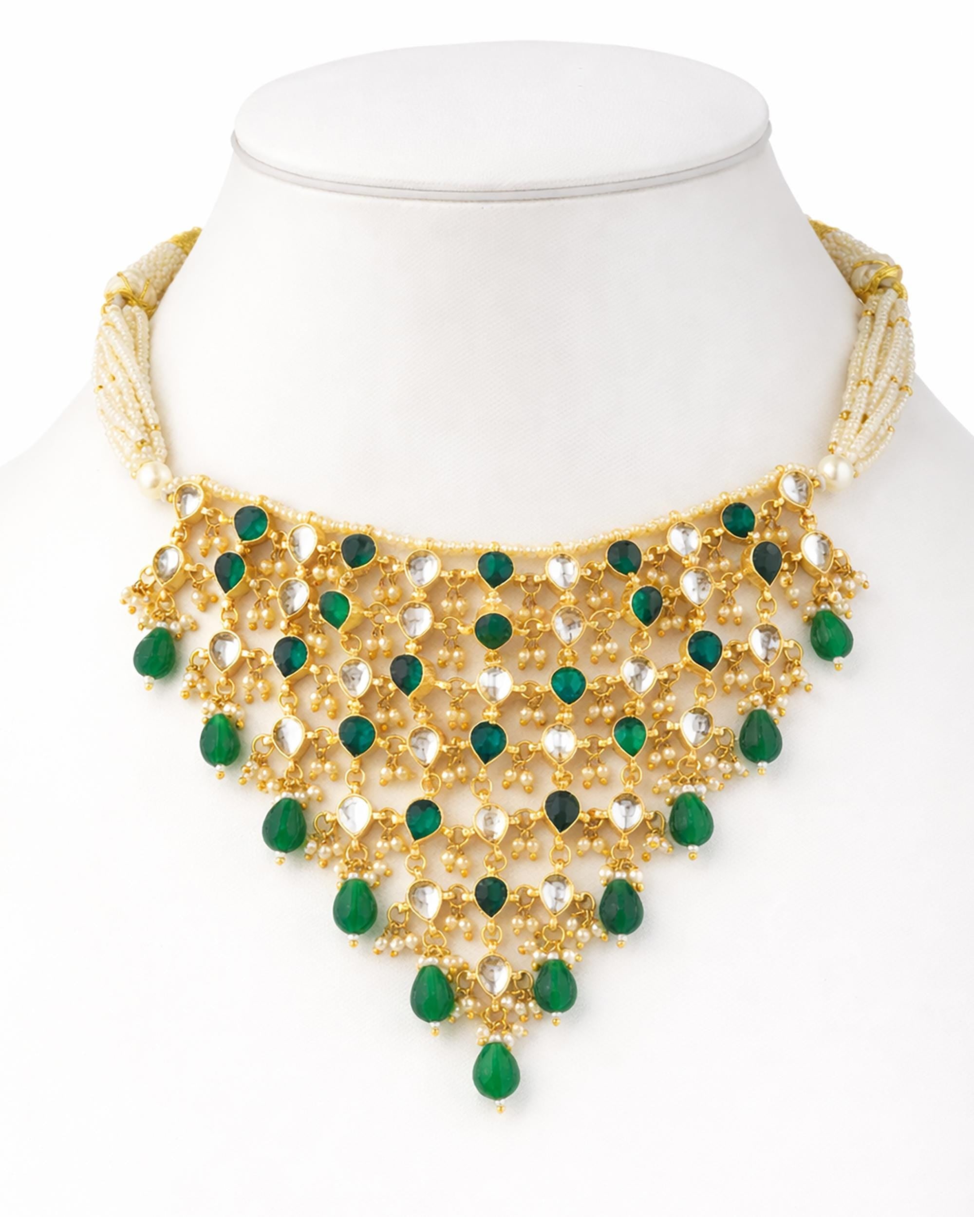 Handmade Kundan Mesh Choker Necklace Set with Earrings  Traditional Indian Bridal Jewelry  Emerald Green Stone Bib Collar