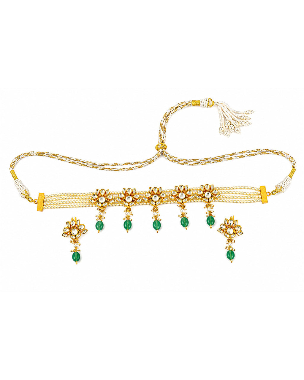 Handmade Kundan Choker Necklace  Gold Plated Pearl Collar with Light Green Drops