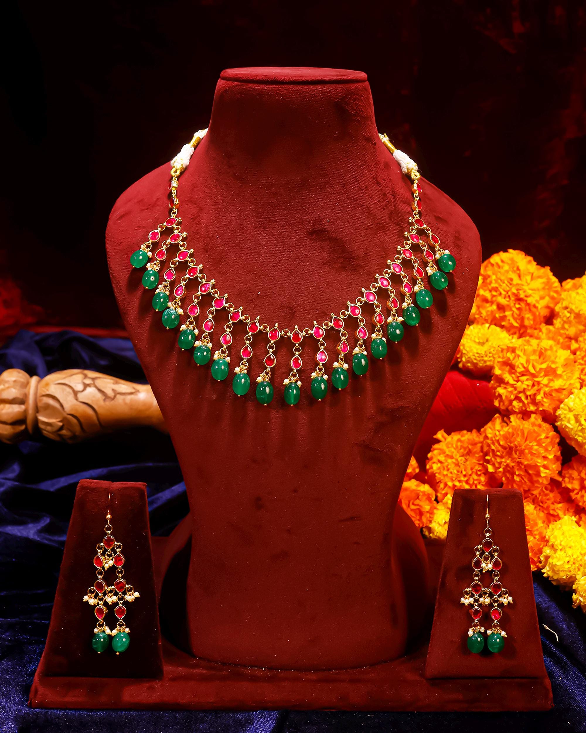 bridal jewellery set Handcrafted Ruby Emerald Gold Plated Necklace Earrings Set  Traditional Indian Bridal Choker