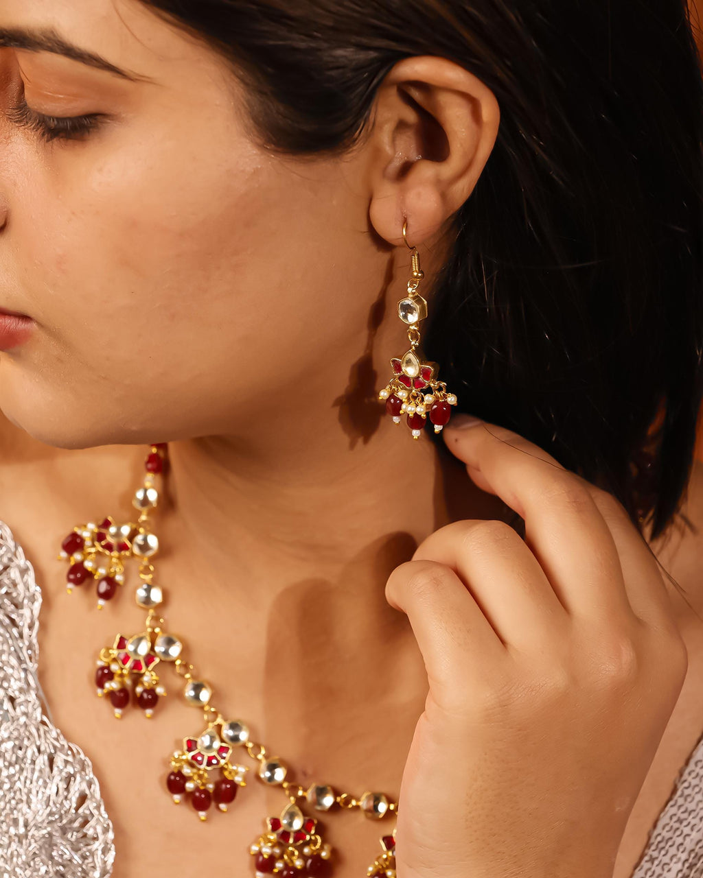Ruby Red Beaded Mala Kundan Necklace Set  Traditional Indian Bridal Choker, Earrings