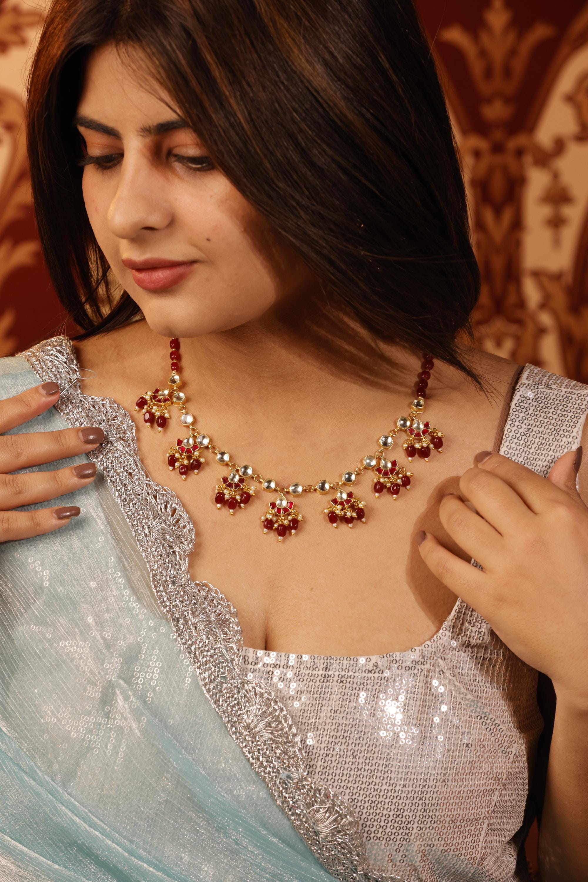 Ruby Red Beaded Mala Kundan Necklace Set  Traditional Indian Bridal Choker, Earrings