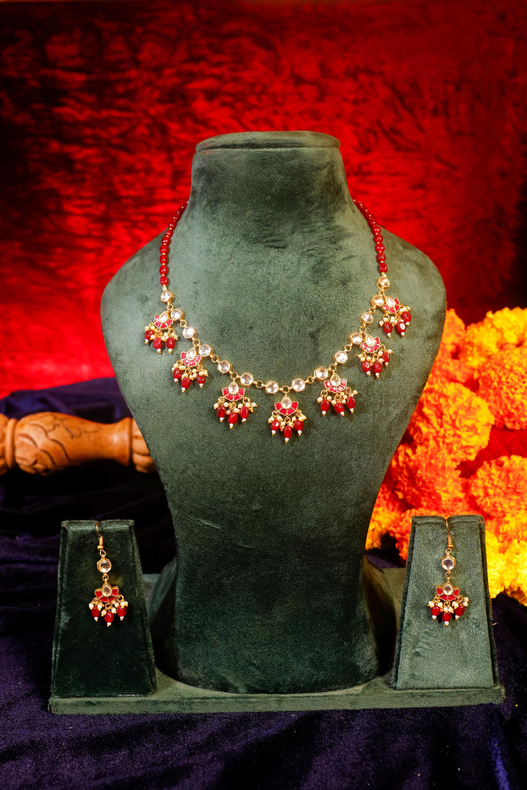 Ruby Red Beaded Mala Kundan Necklace Set  Traditional Indian Bridal Choker, Earrings