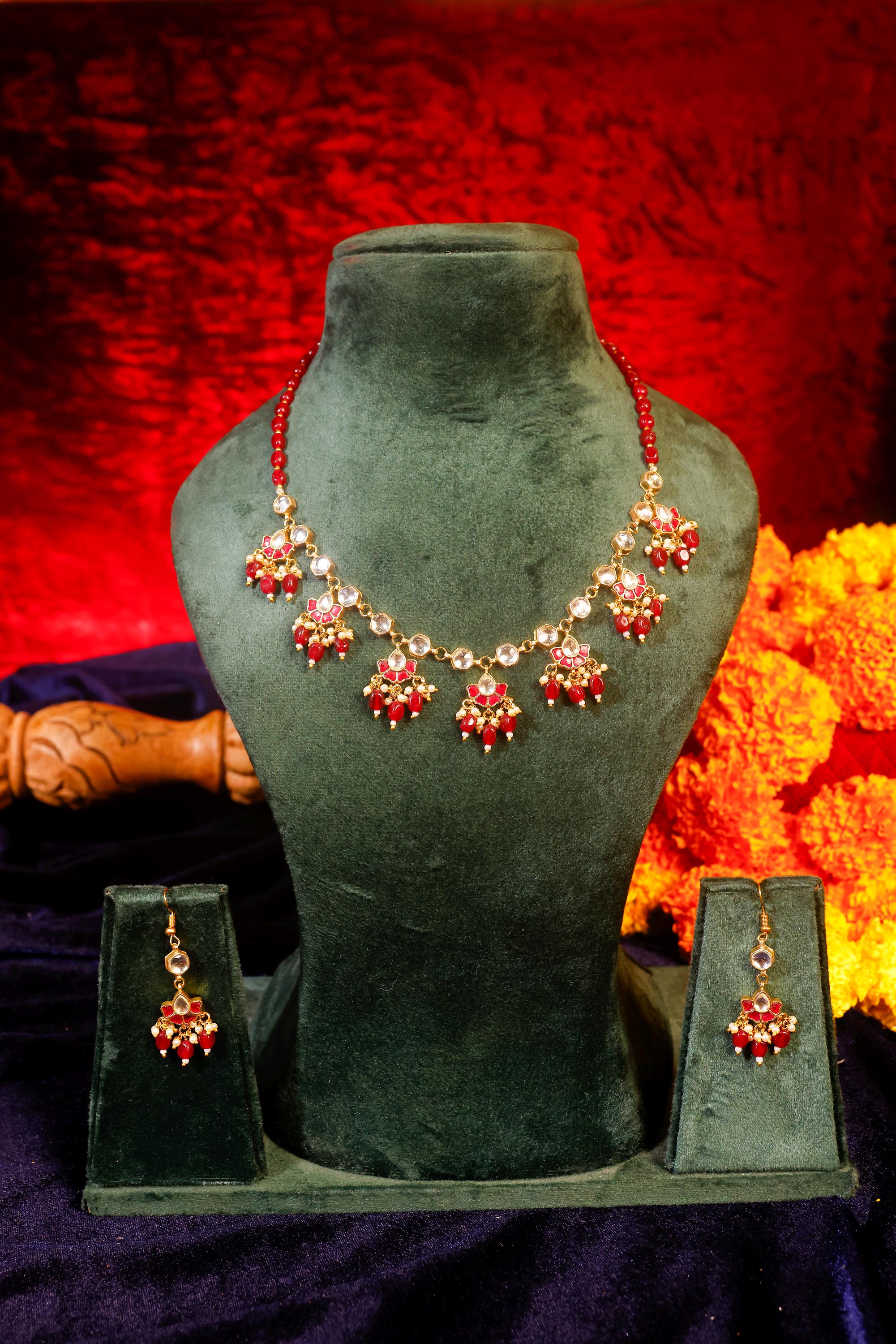 Ruby Red Beaded Mala Kundan Necklace Set  Traditional Indian Bridal Choker, Earrings
