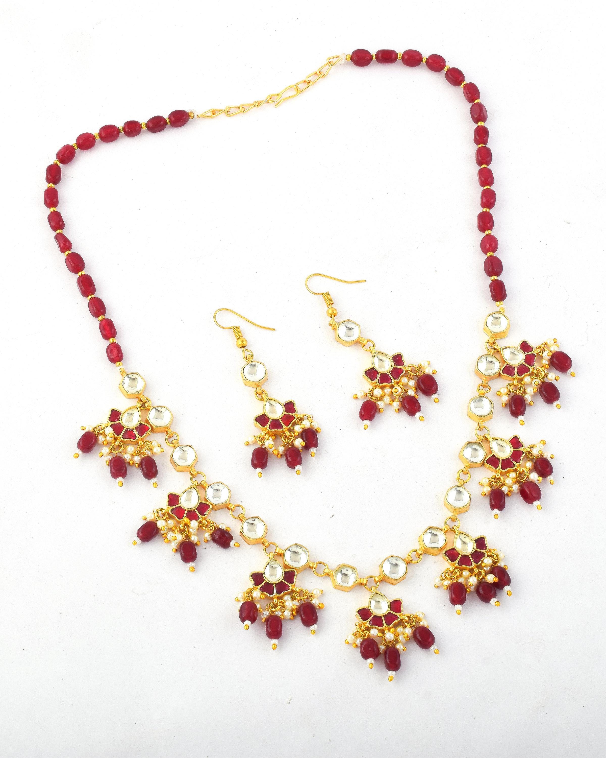 Ruby Red Beaded Mala Kundan Necklace Set  Traditional Indian Bridal Choker, Earrings