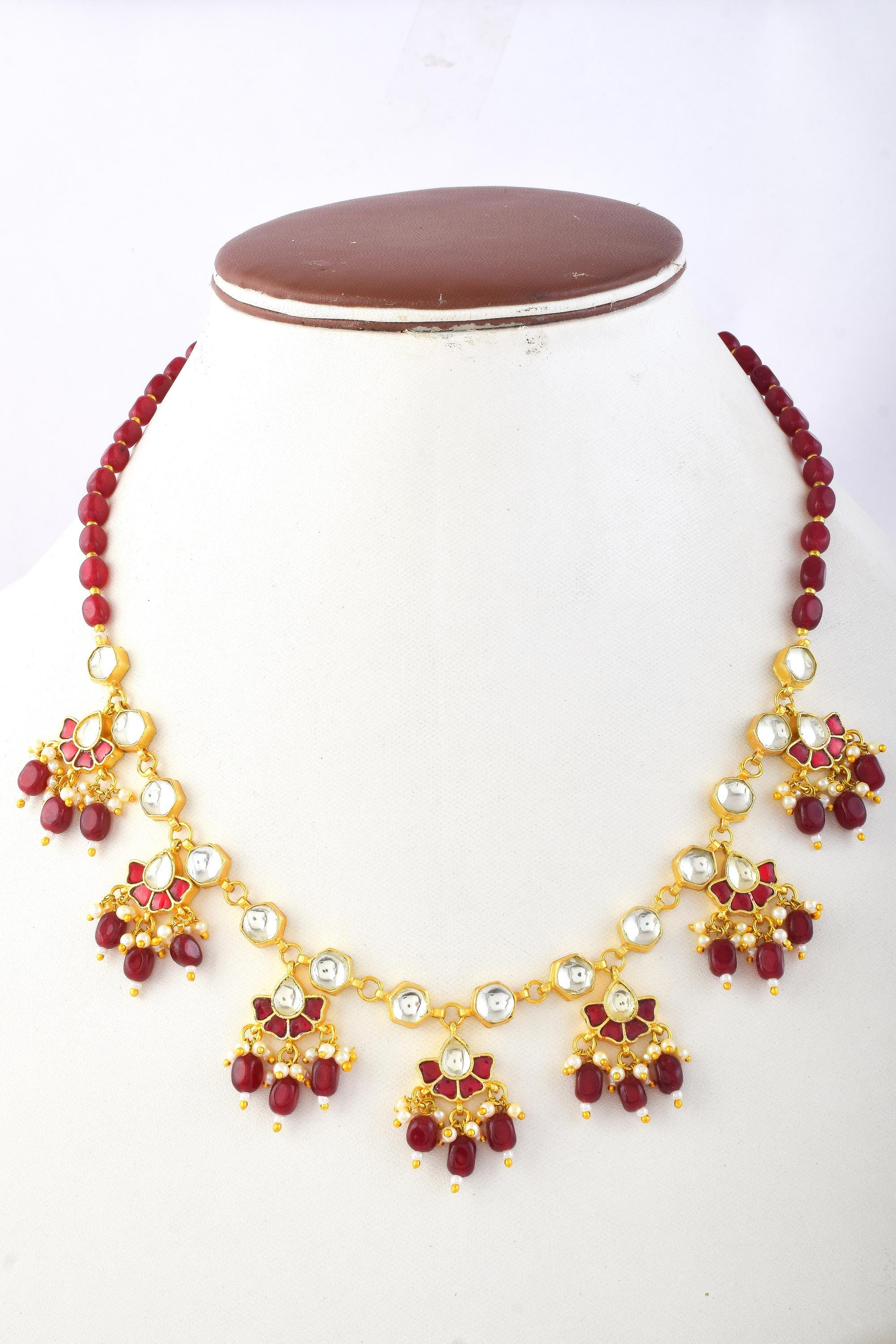 Ruby Red Beaded Mala Kundan Necklace Set  Traditional Indian Bridal Choker, Earrings