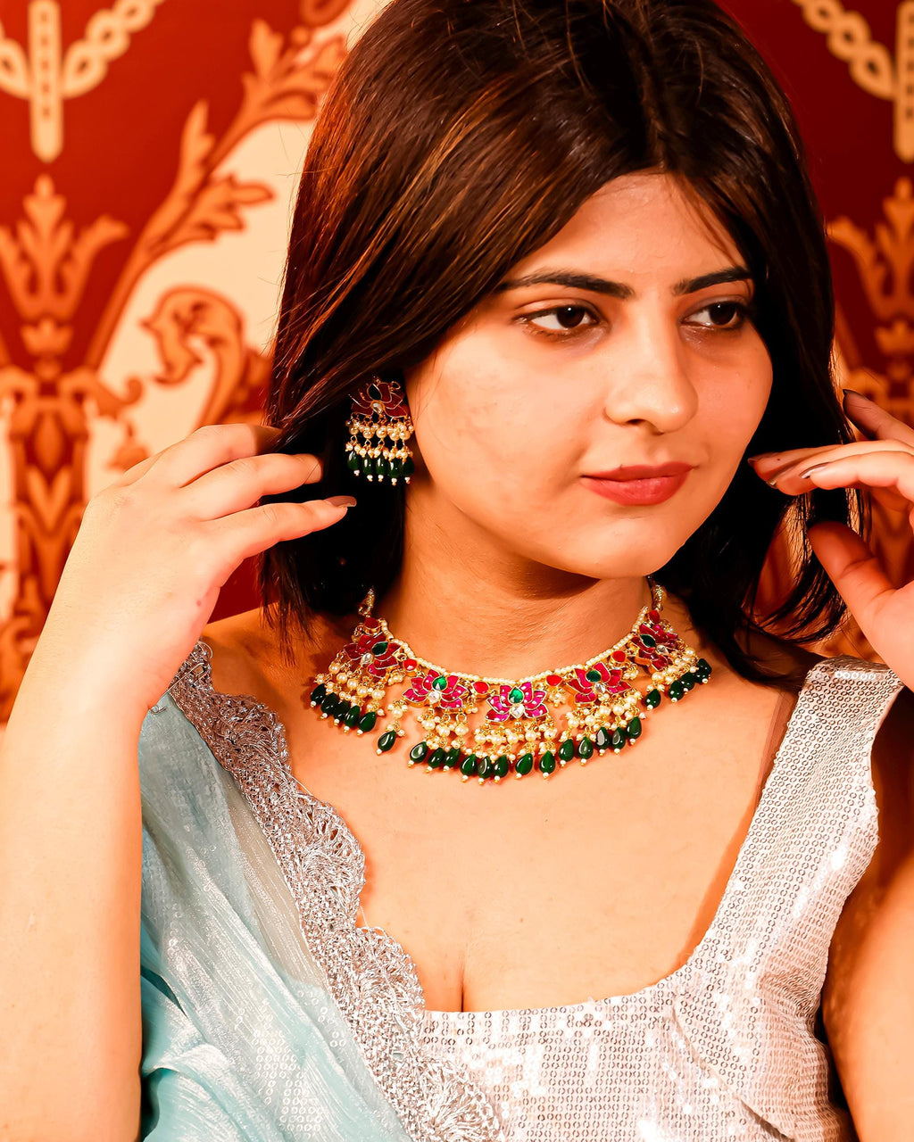 Handmade Meenakari Lotus Choker Necklace Set with Earrings  Indian Bridal Jewelry