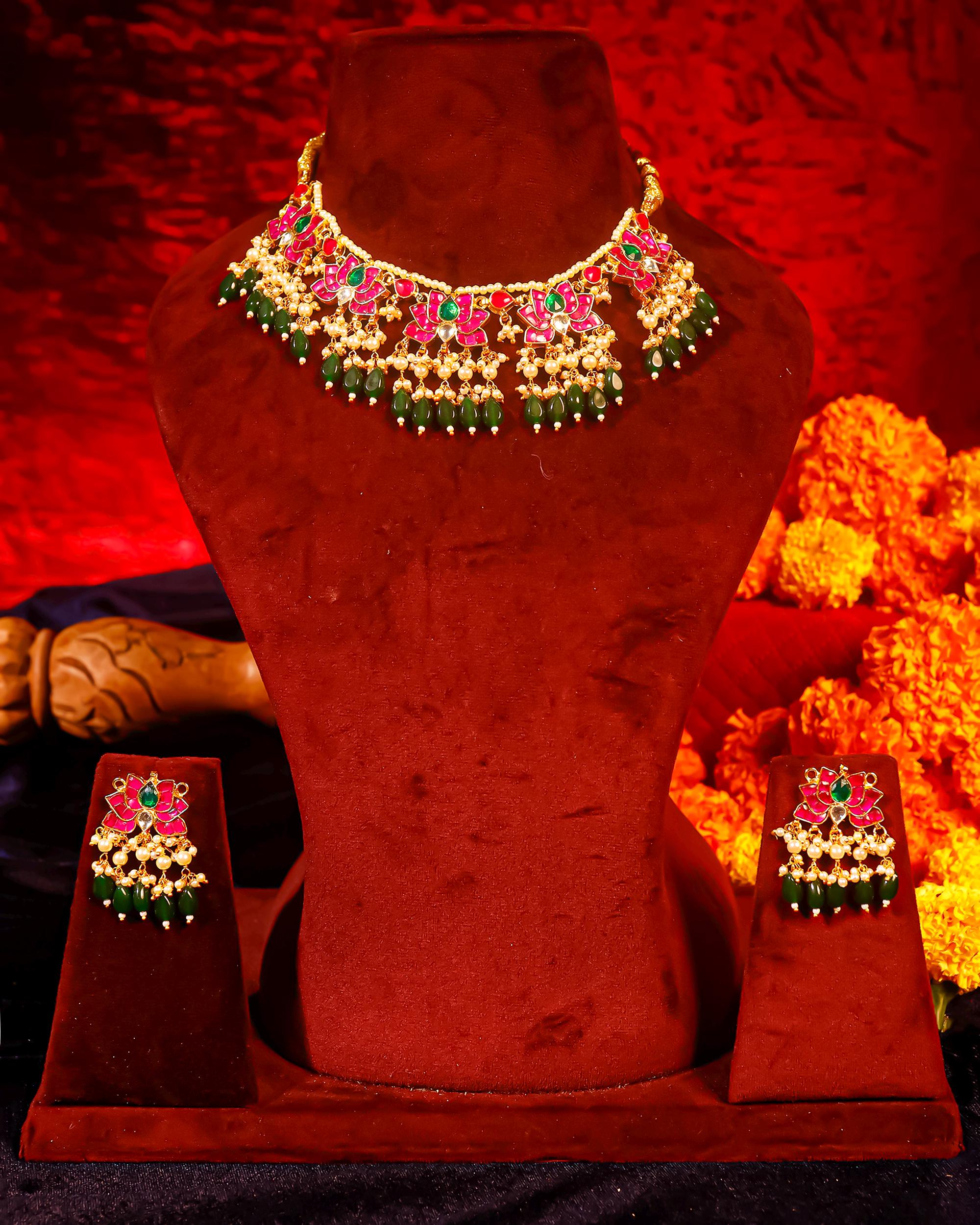 Handmade Meenakari Lotus Choker Necklace Set with Earrings  Indian Bridal Jewelry