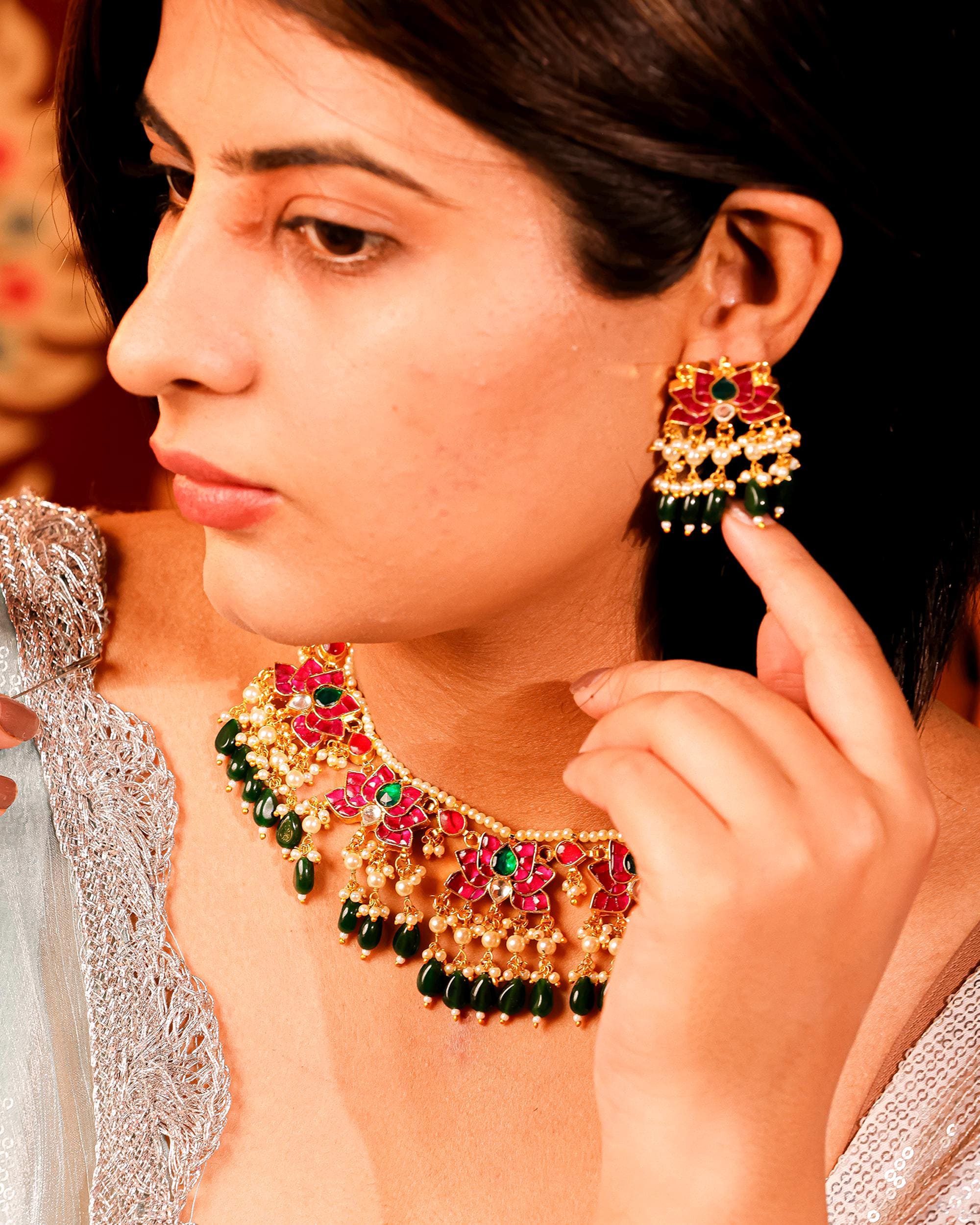 Handmade Meenakari Lotus Choker Necklace Set with Earrings  Indian Bridal Jewelry