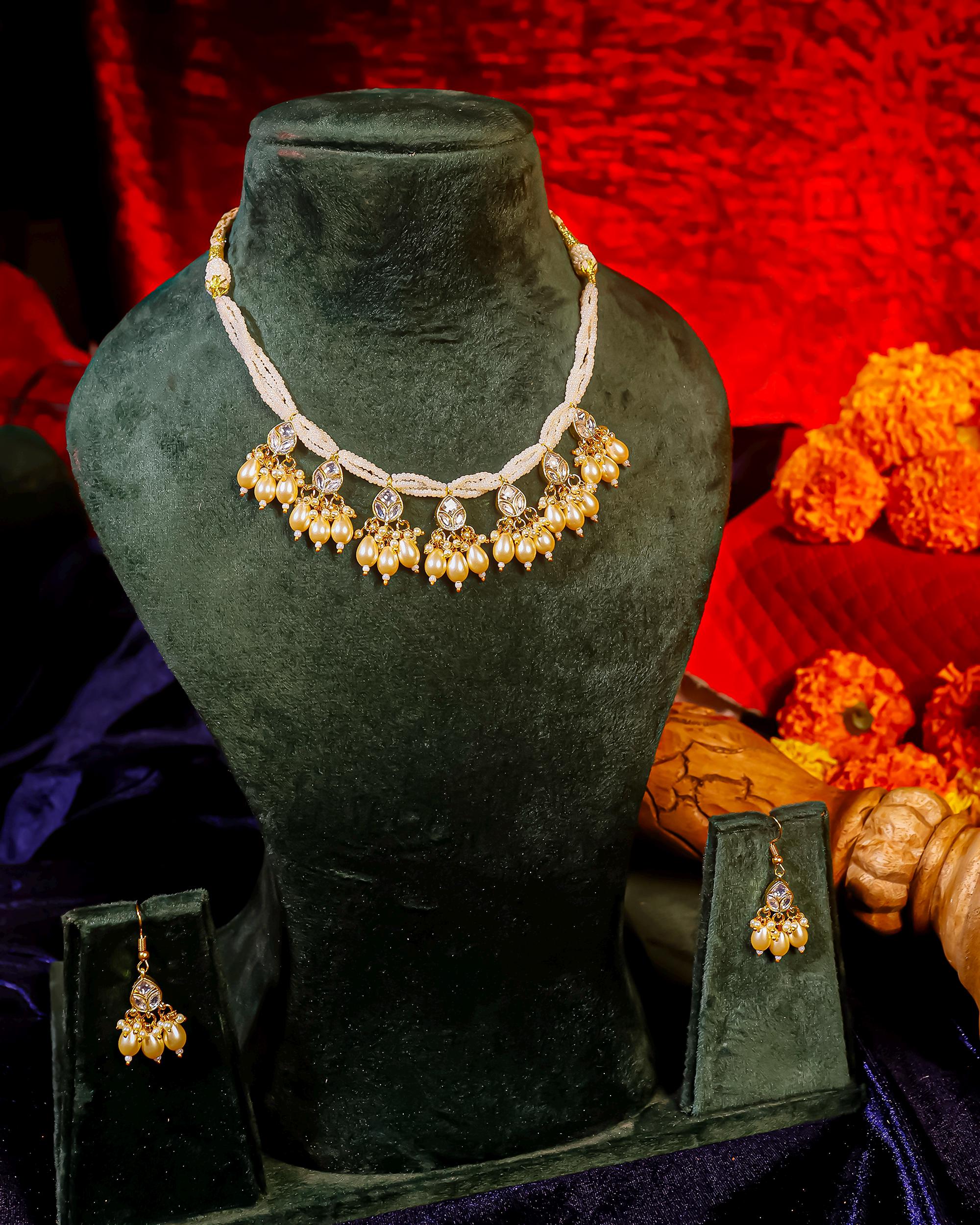Multi-Strand Pearl Kundan Necklace Set  Gold Plated Leaf Motif Choker
