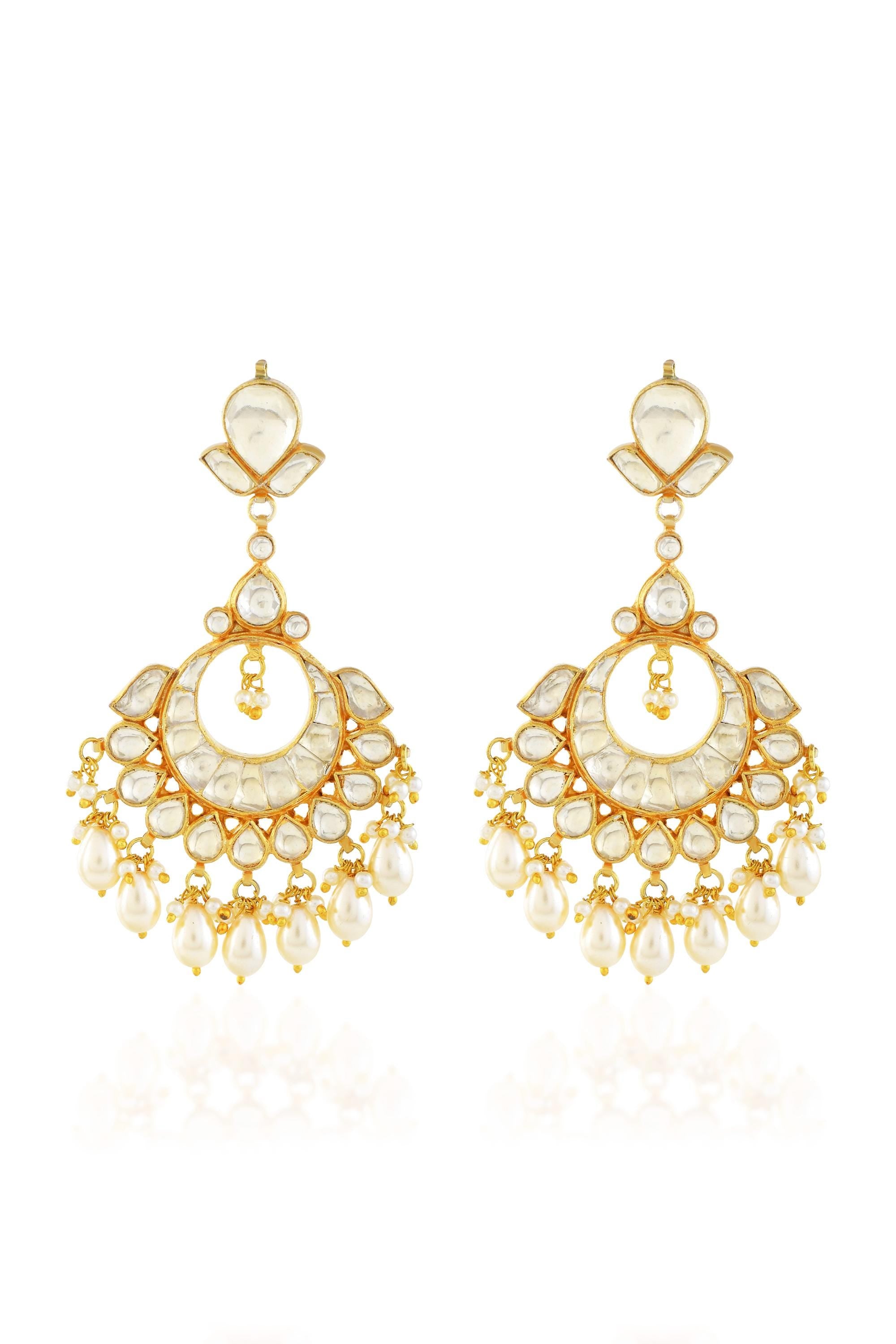 Heritage Pachi Kundan Chandbali Earrings, Ivory Pearl Drop Bridal Jewelry