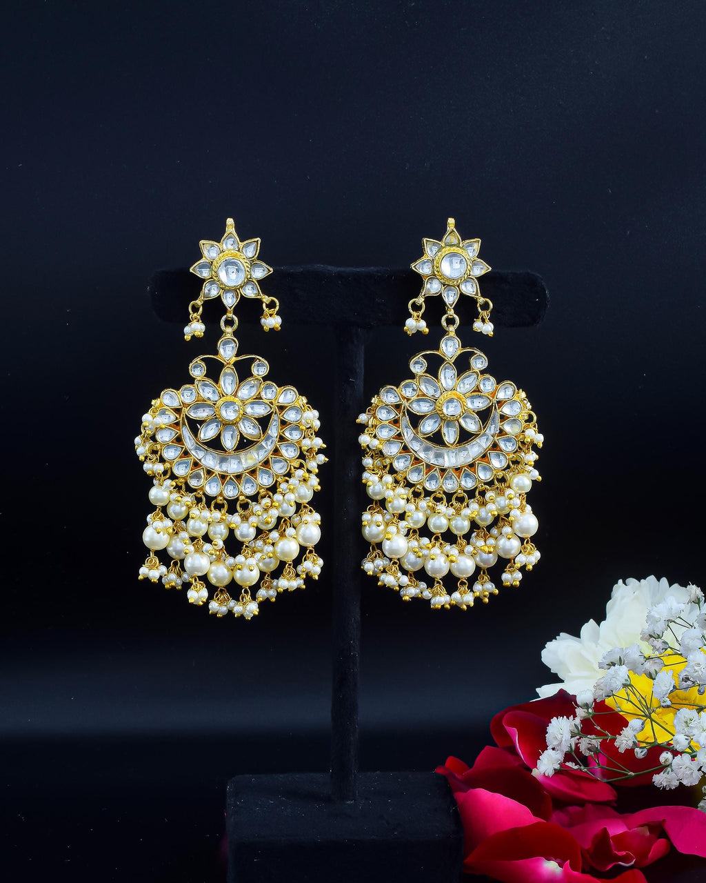 Heritage Pachi Kundan Chandbali Earrings, Ivory Pearl Drop Bridal Jewelry