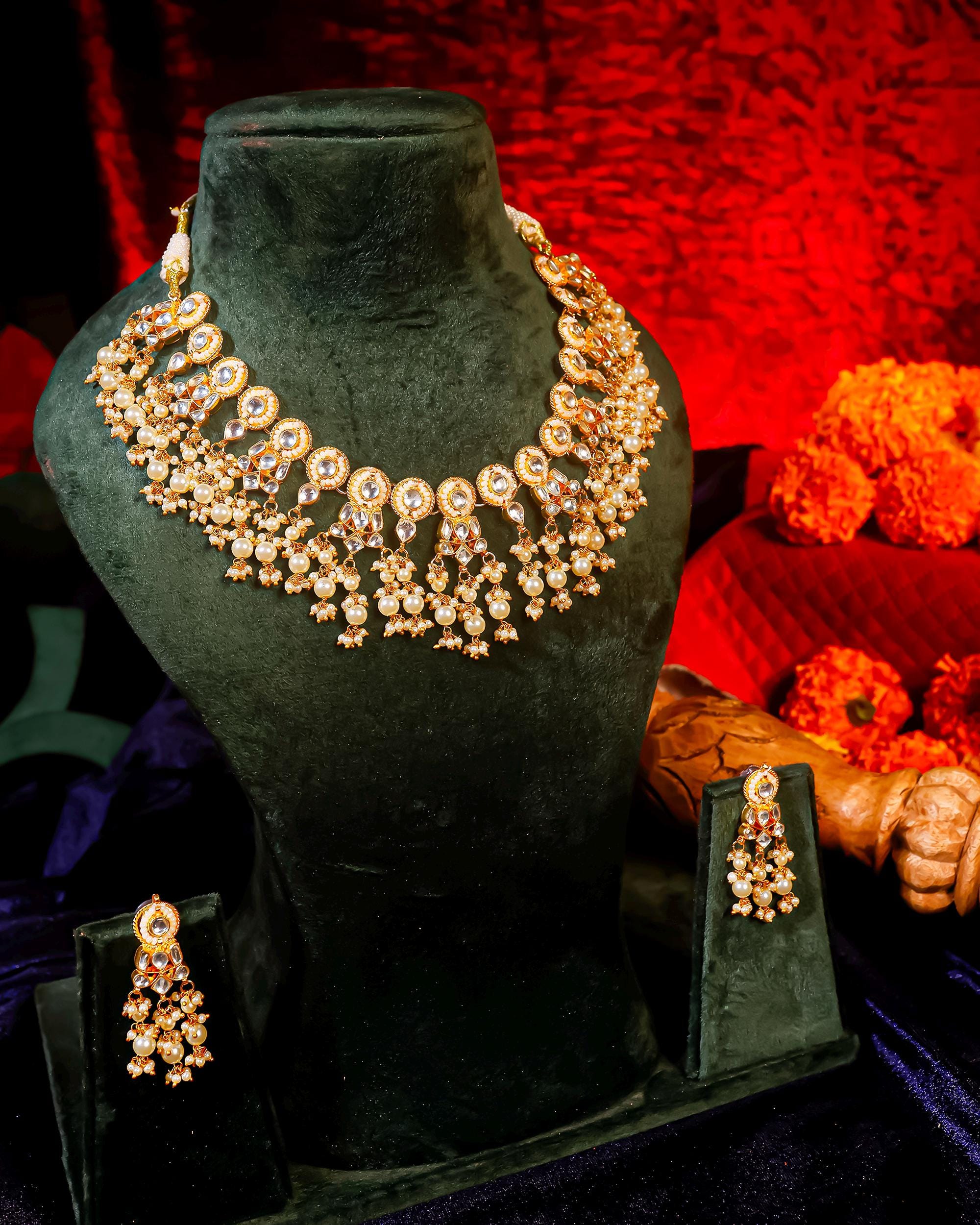 Handmade Kundan Choker Necklace Set  Gold Plated Pearl Cluster Indian Bridal Jewelry