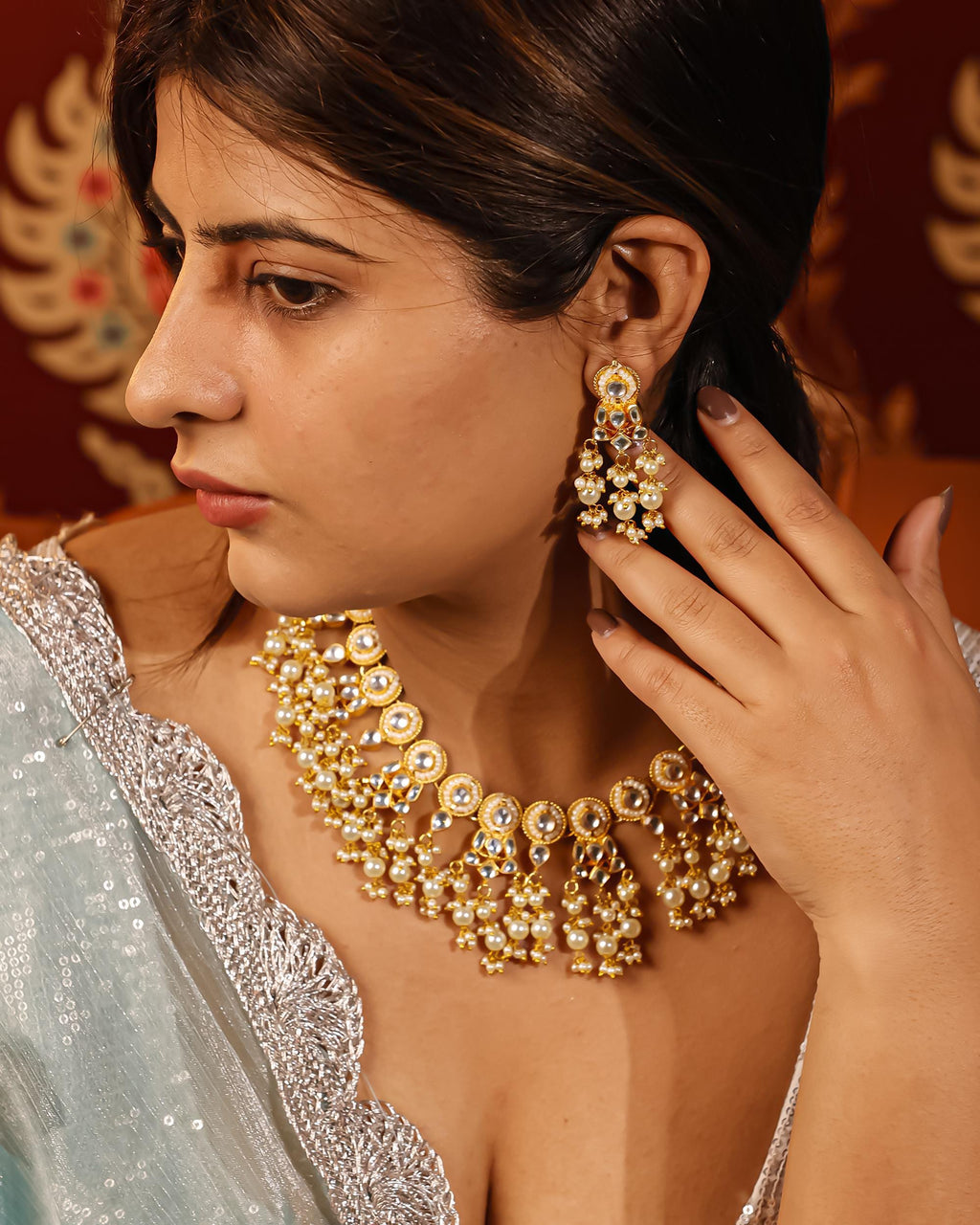 Handmade Kundan Choker Necklace Set  Gold Plated Pearl Cluster Indian Bridal Jewelry