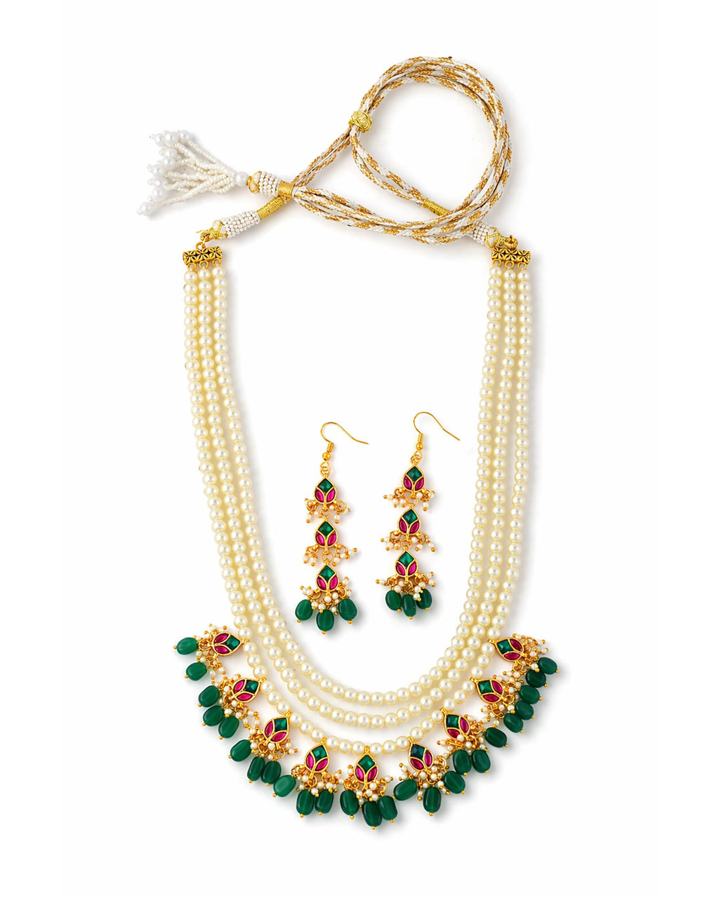 Multi-Strand Pearl Mala Necklace Set with Earrings, Gold Plated Meenakari Festive Jewelry