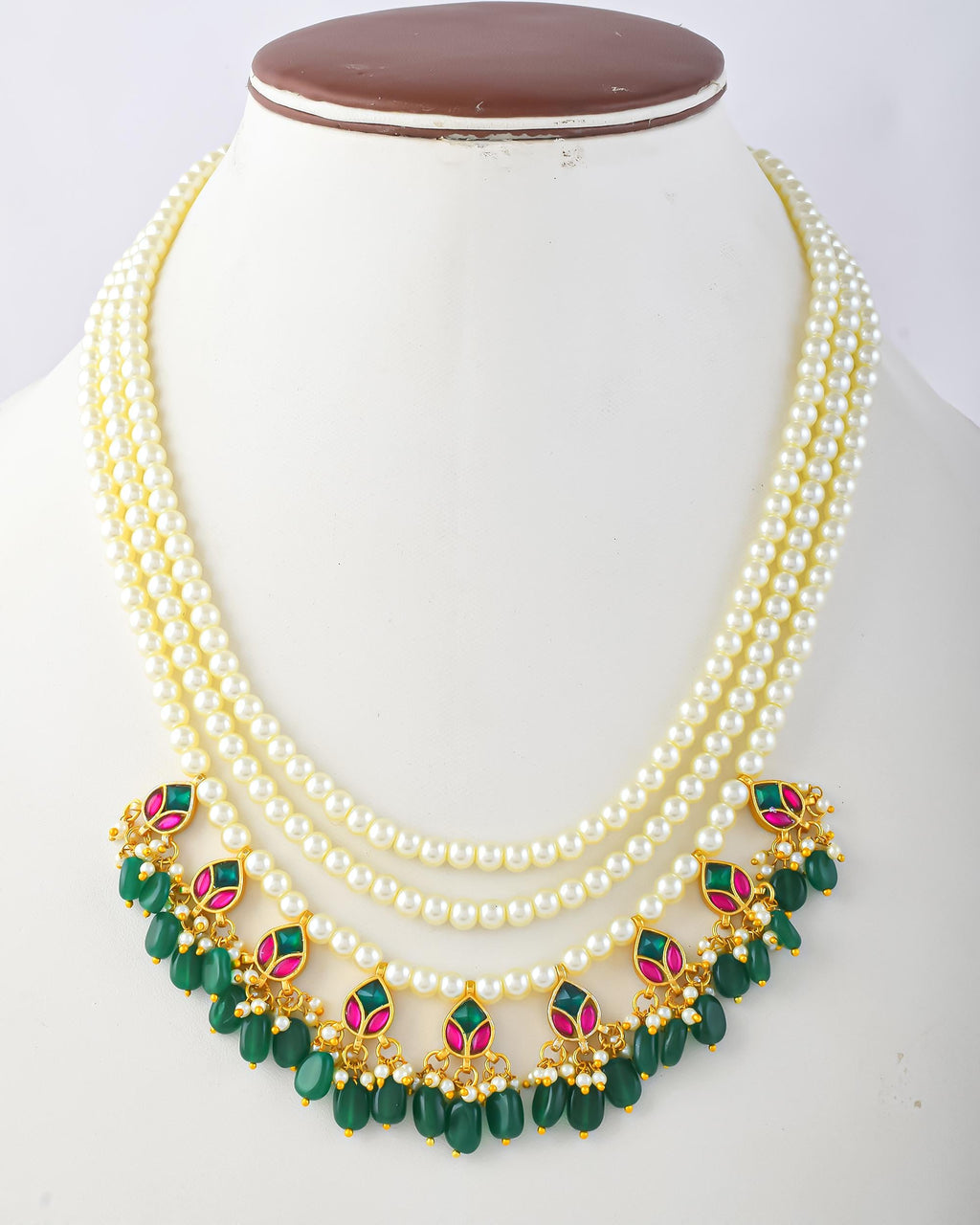 Multi-Strand Pearl Mala Necklace Set with Earrings, Gold Plated Meenakari Festive Jewelry