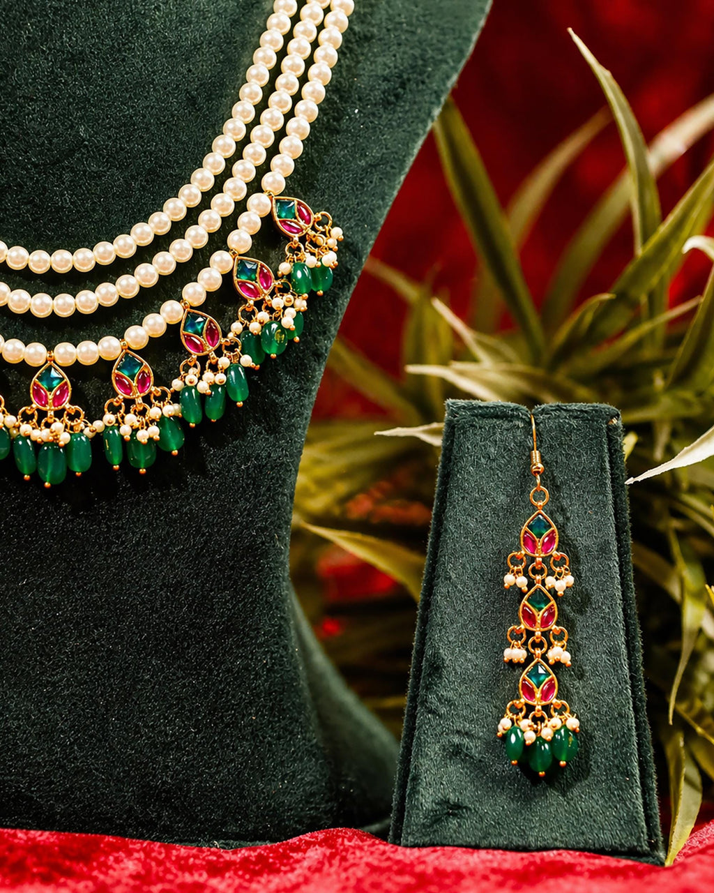 Multi-Strand Pearl Mala Necklace Set with Earrings, Gold Plated Meenakari Festive Jewelry