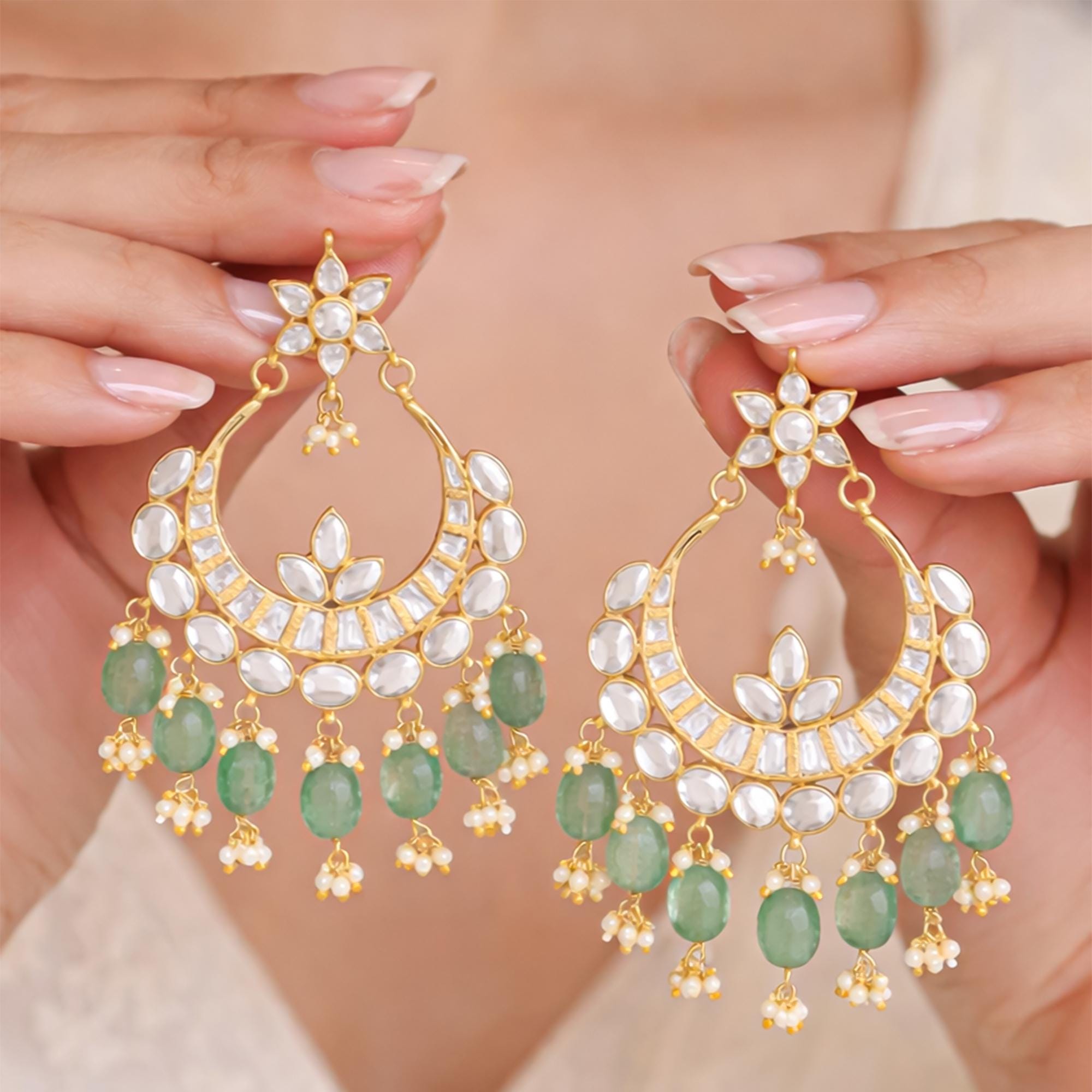 Heritage Pachi Kundan Chandbali Earrings with Mint Emerald Beads, Pearl Clusters