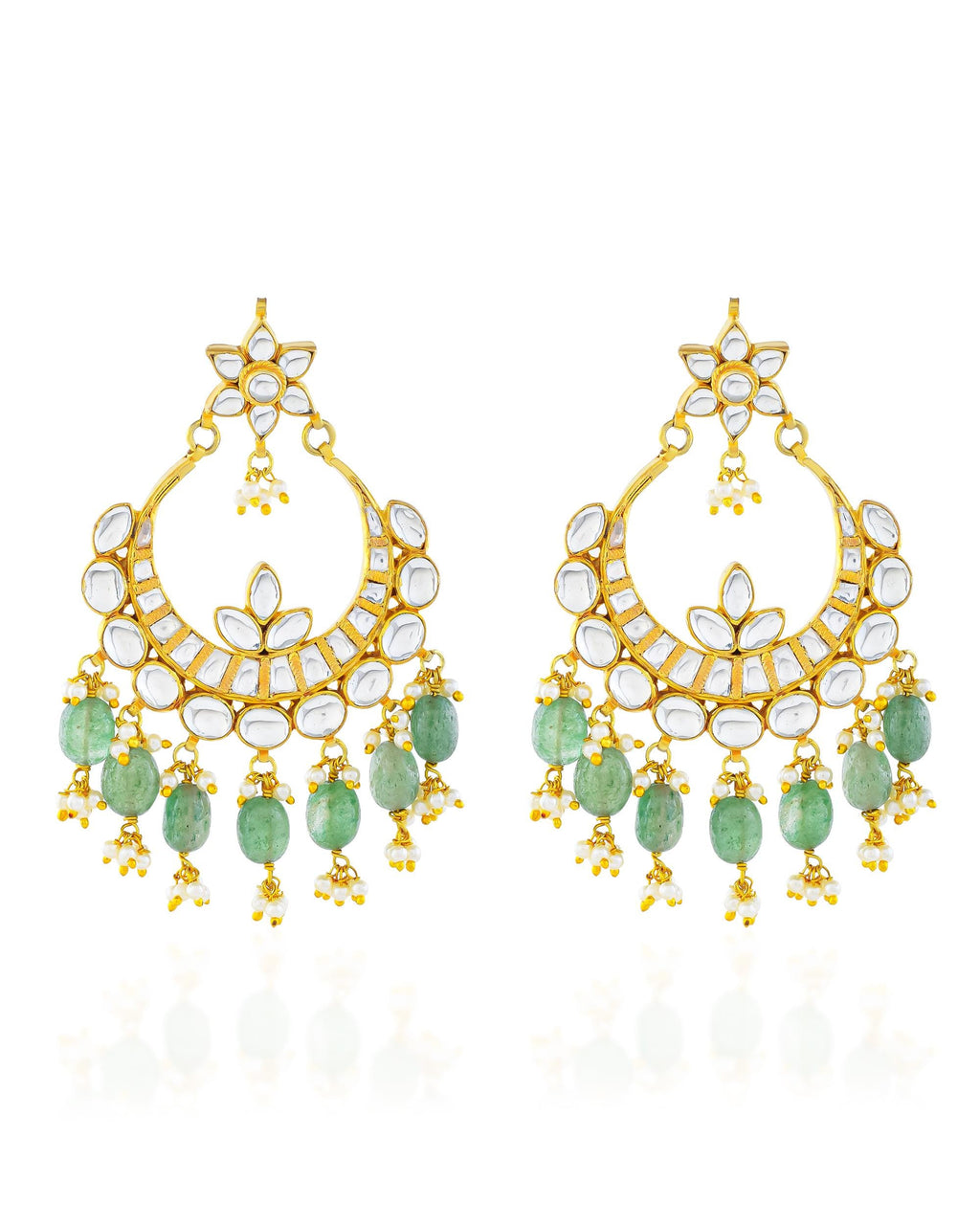 Heritage Pachi Kundan Chandbali Earrings with Mint Emerald Beads, Pearl Clusters