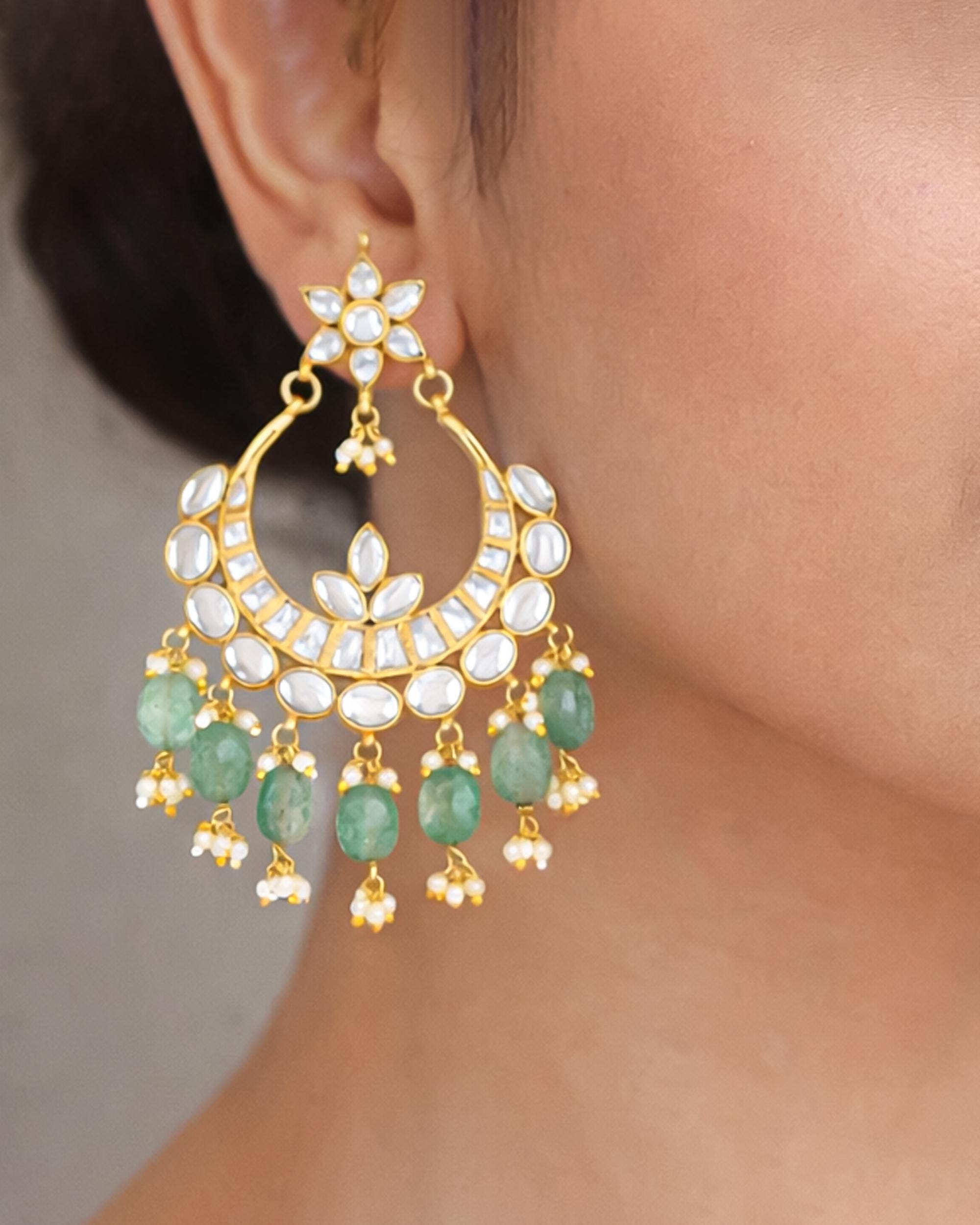 Heritage Pachi Kundan Chandbali Earrings with Mint Emerald Beads, Pearl Clusters