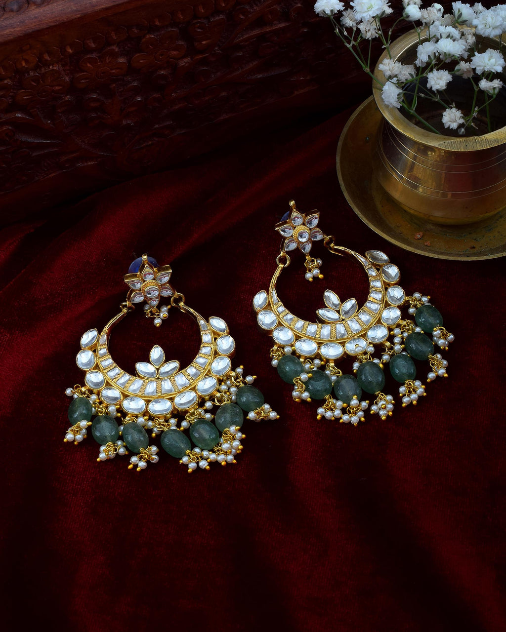 Heritage Pachi Kundan Chandbali Earrings with Mint Emerald Beads, Pearl Clusters