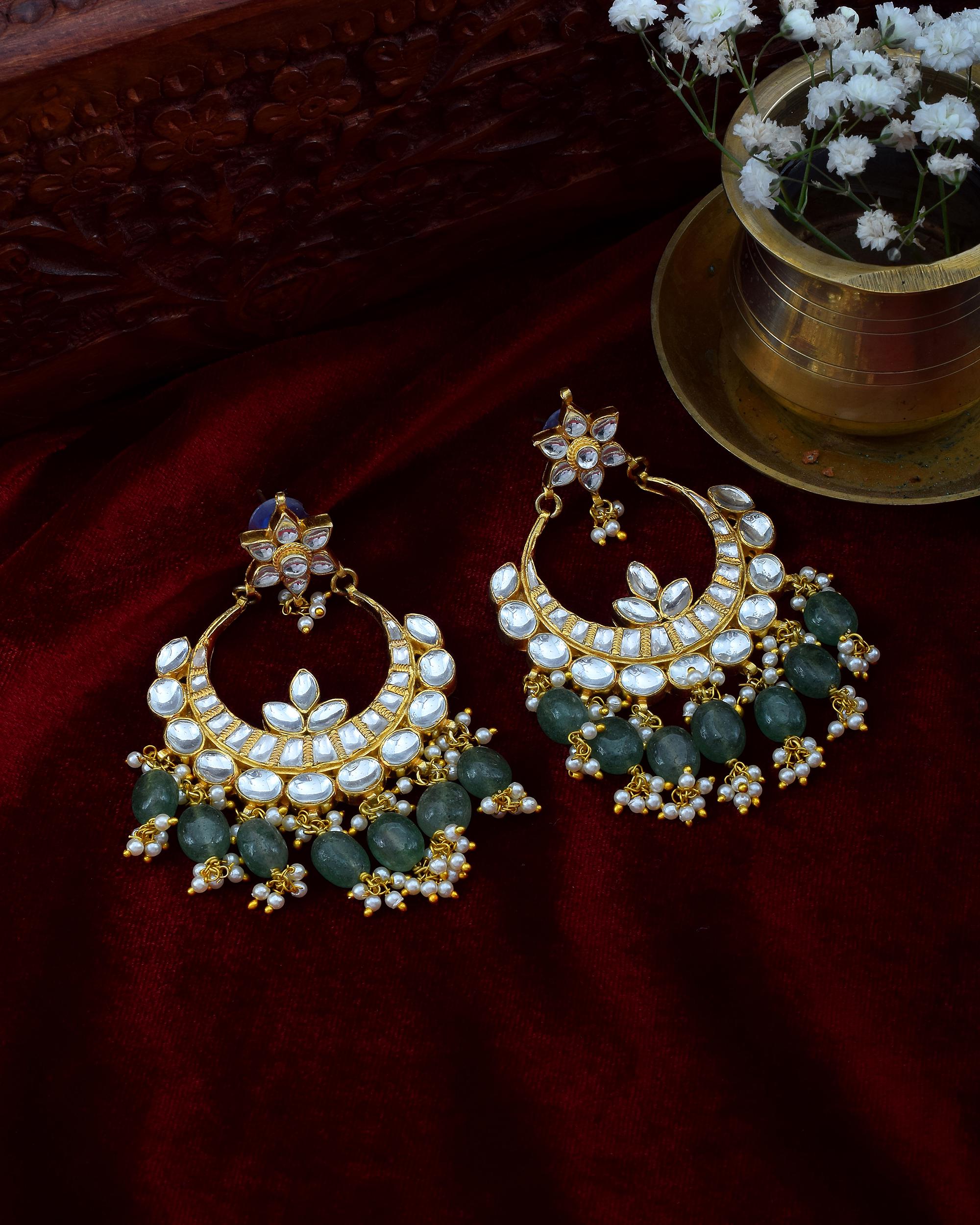Heritage Pachi Kundan Chandbali Earrings with Mint Emerald Beads, Pearl Clusters