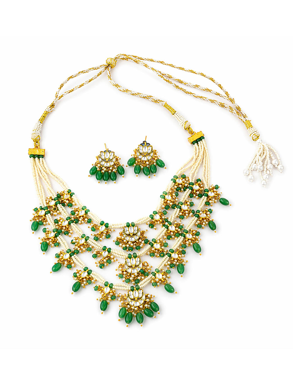 Multi-Layer Pearl Panchlada Kundan Necklace Set  Gold Plated Lotus Earrings