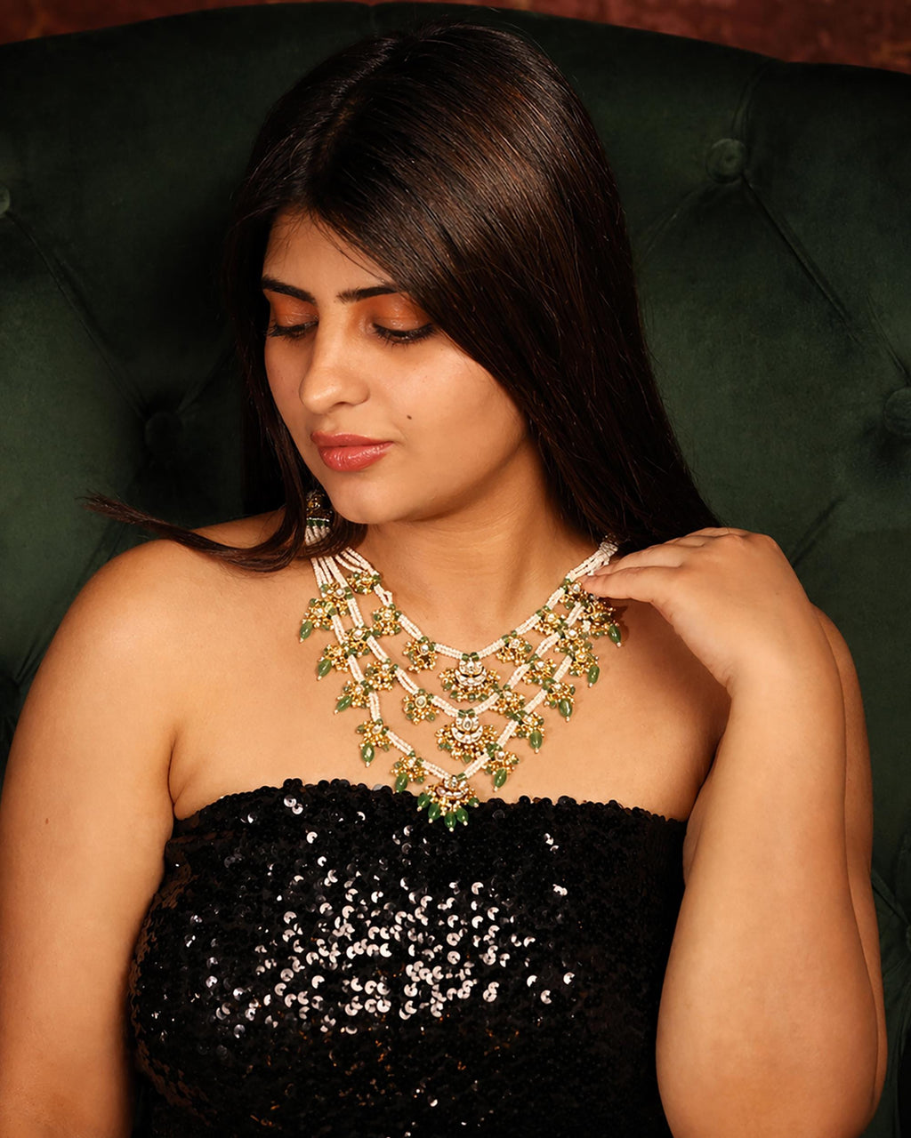 Multi-Layer Pearl Panchlada Kundan Necklace Set  Gold Plated Lotus Earrings