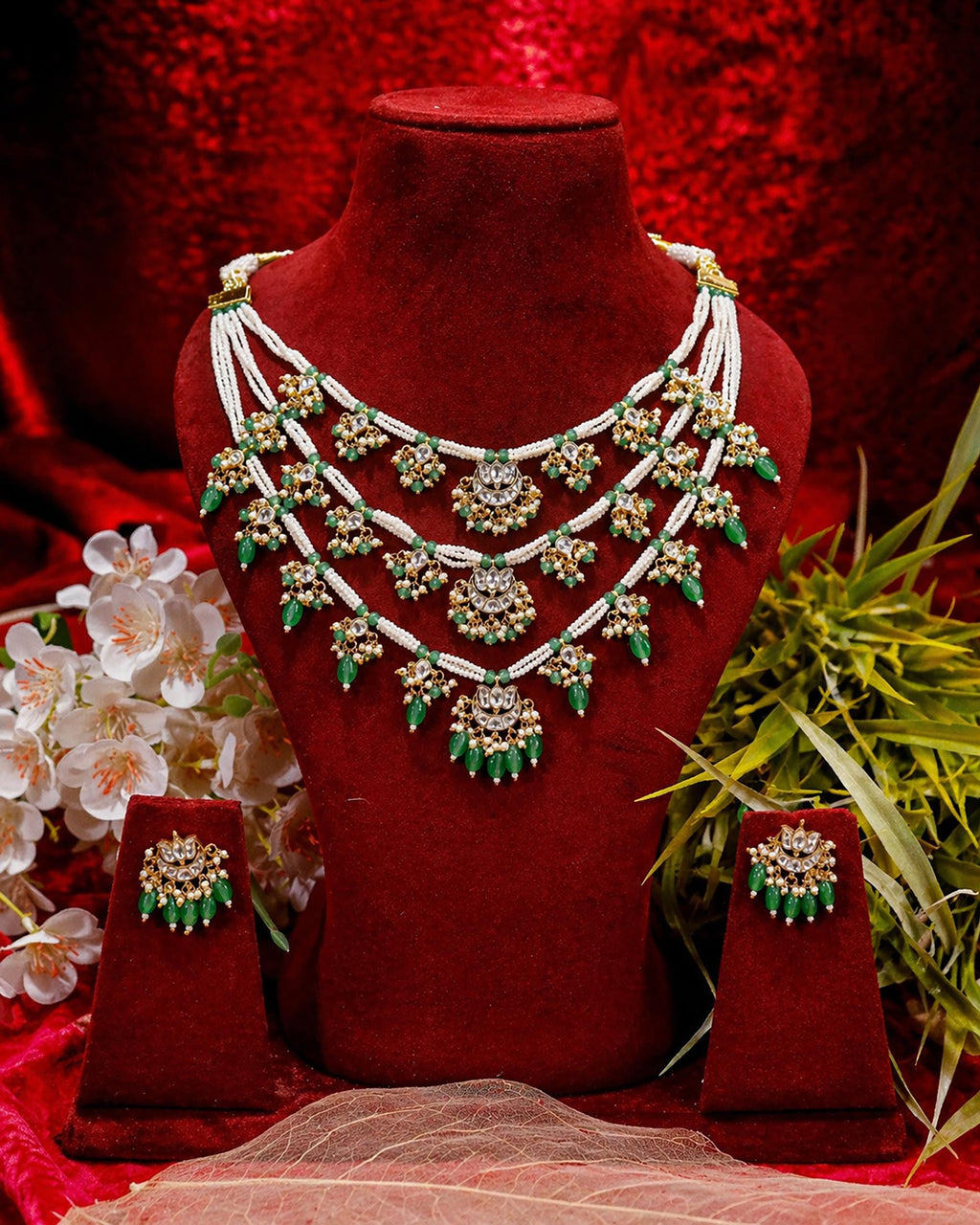 Multi-Layer Pearl Panchlada Kundan Necklace Set  Gold Plated Lotus Earrings