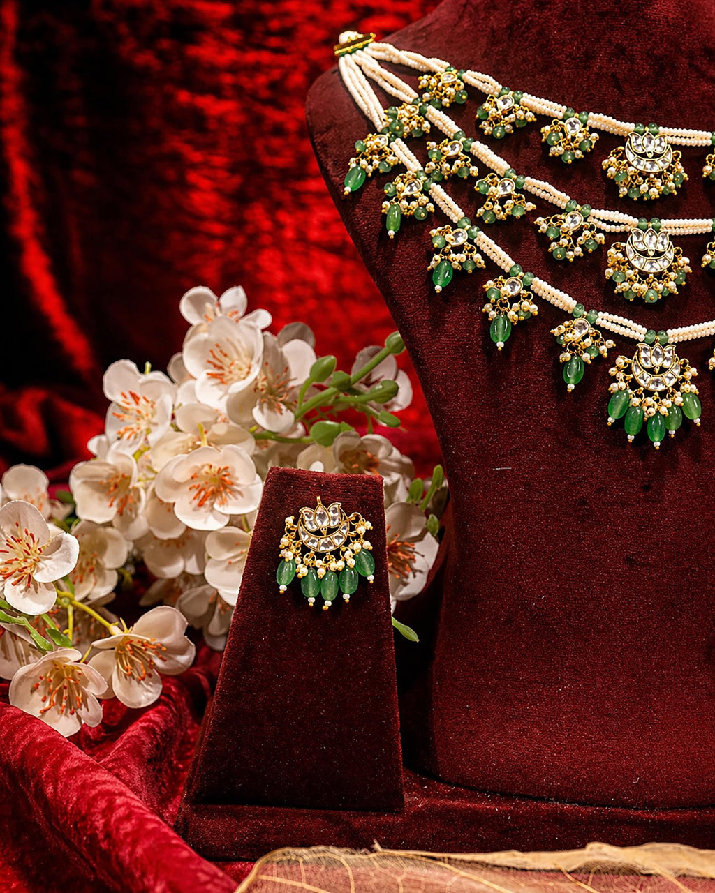 Multi-Layer Pearl Panchlada Kundan Necklace Set  Gold Plated Lotus Earrings