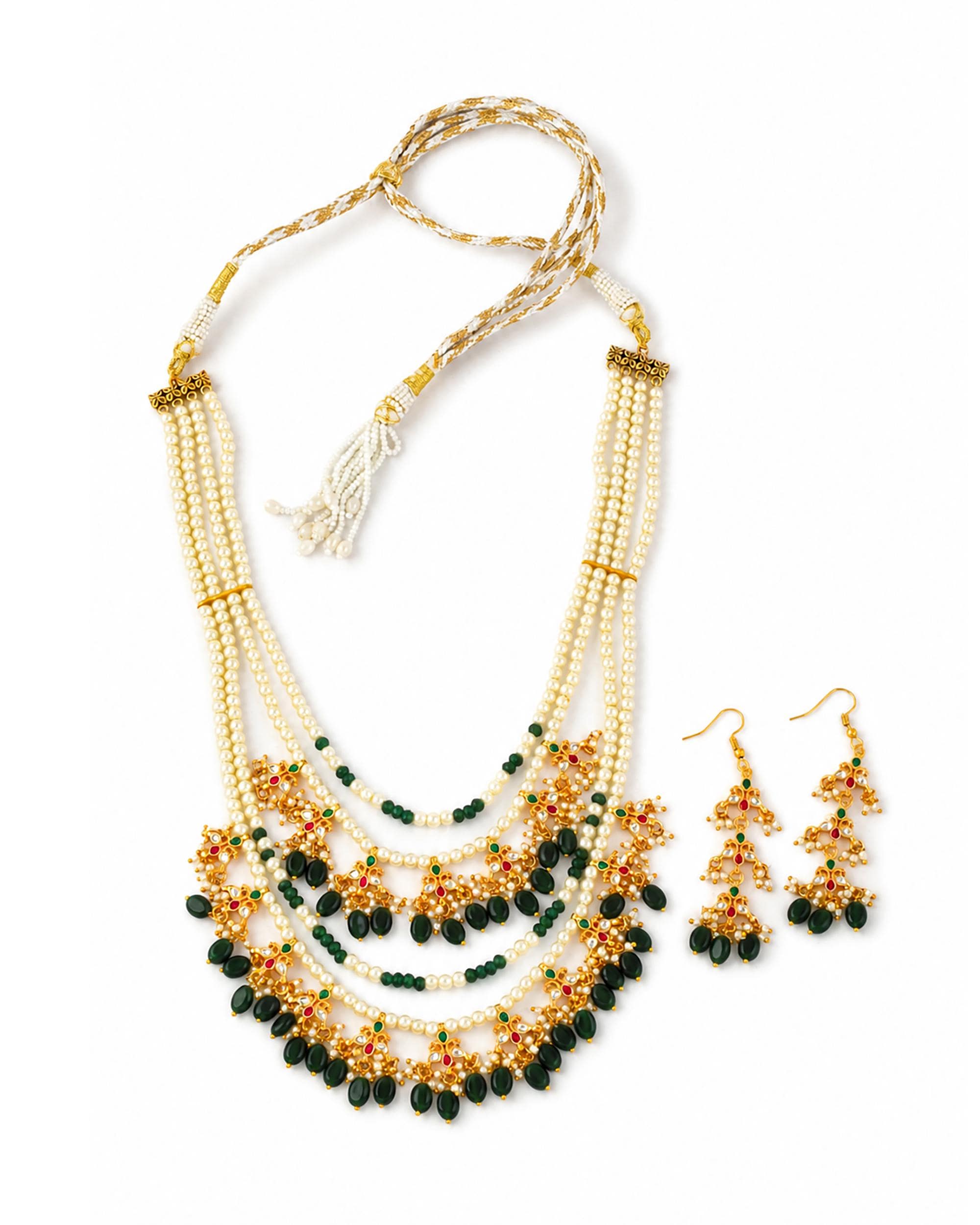 bridal set Multi Layer Step Necklace Set with Earrings, Emerald Green Bead Indian Haar, Long Pearl Bridal Jewelry,