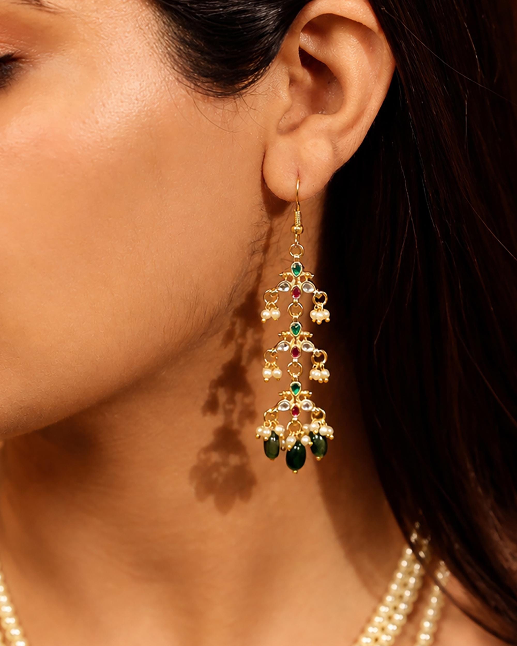bridal set Multi Layer Step Necklace Set with Earrings, Emerald Green Bead Indian Haar, Long Pearl Bridal Jewelry,