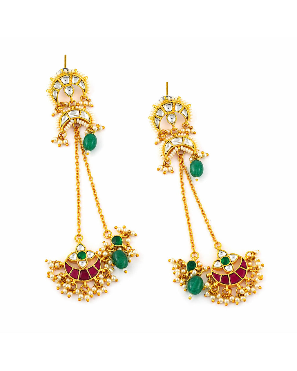 Heritage Kundan Meenakari Crescent Chain Earrings, Bridal Wedding Jewelry