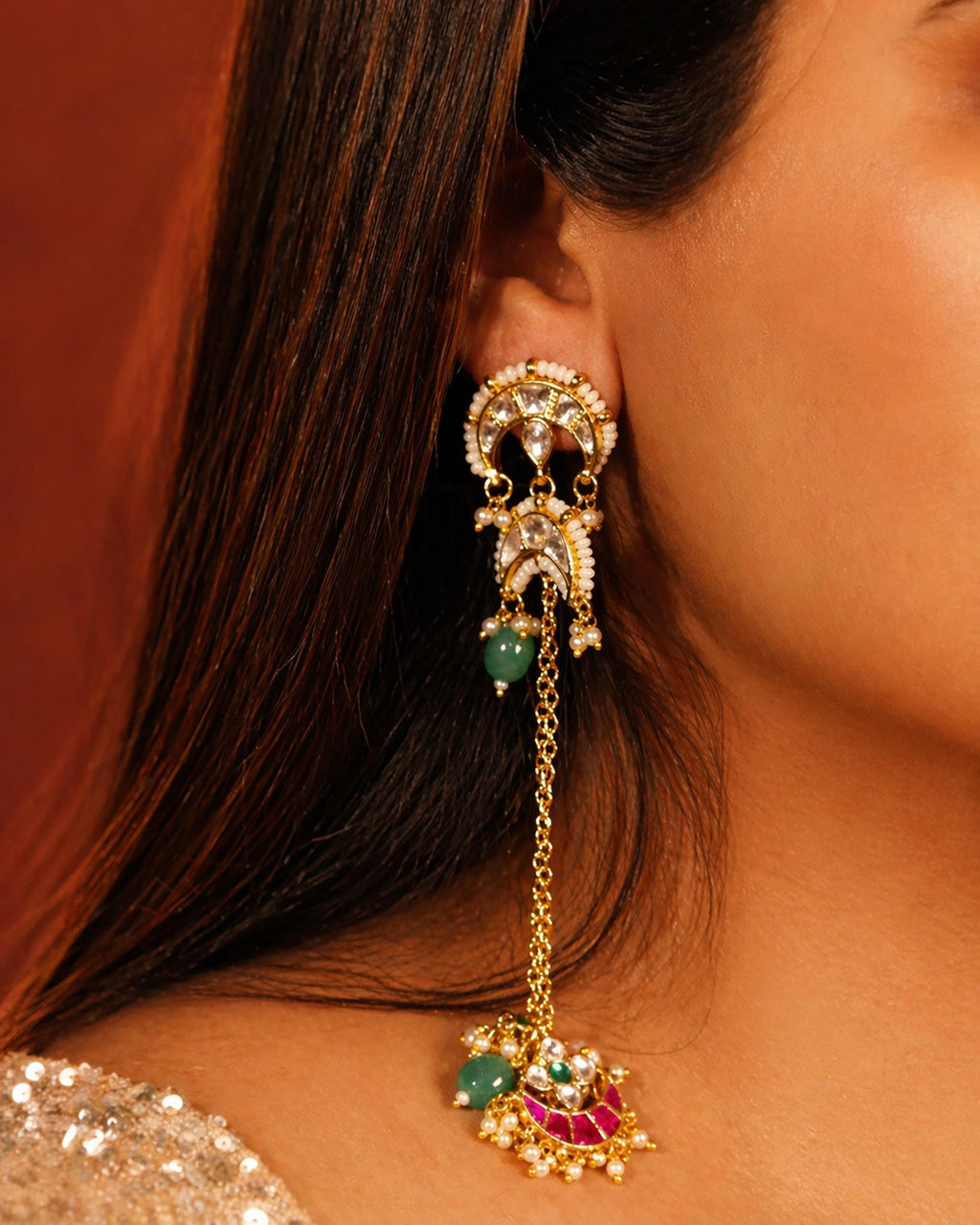 Heritage Kundan Meenakari Crescent Chain Earrings, Bridal Wedding Jewelry