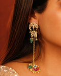 Heritage Kundan Meenakari Crescent Chain Earrings, Bridal Wedding Jewelry