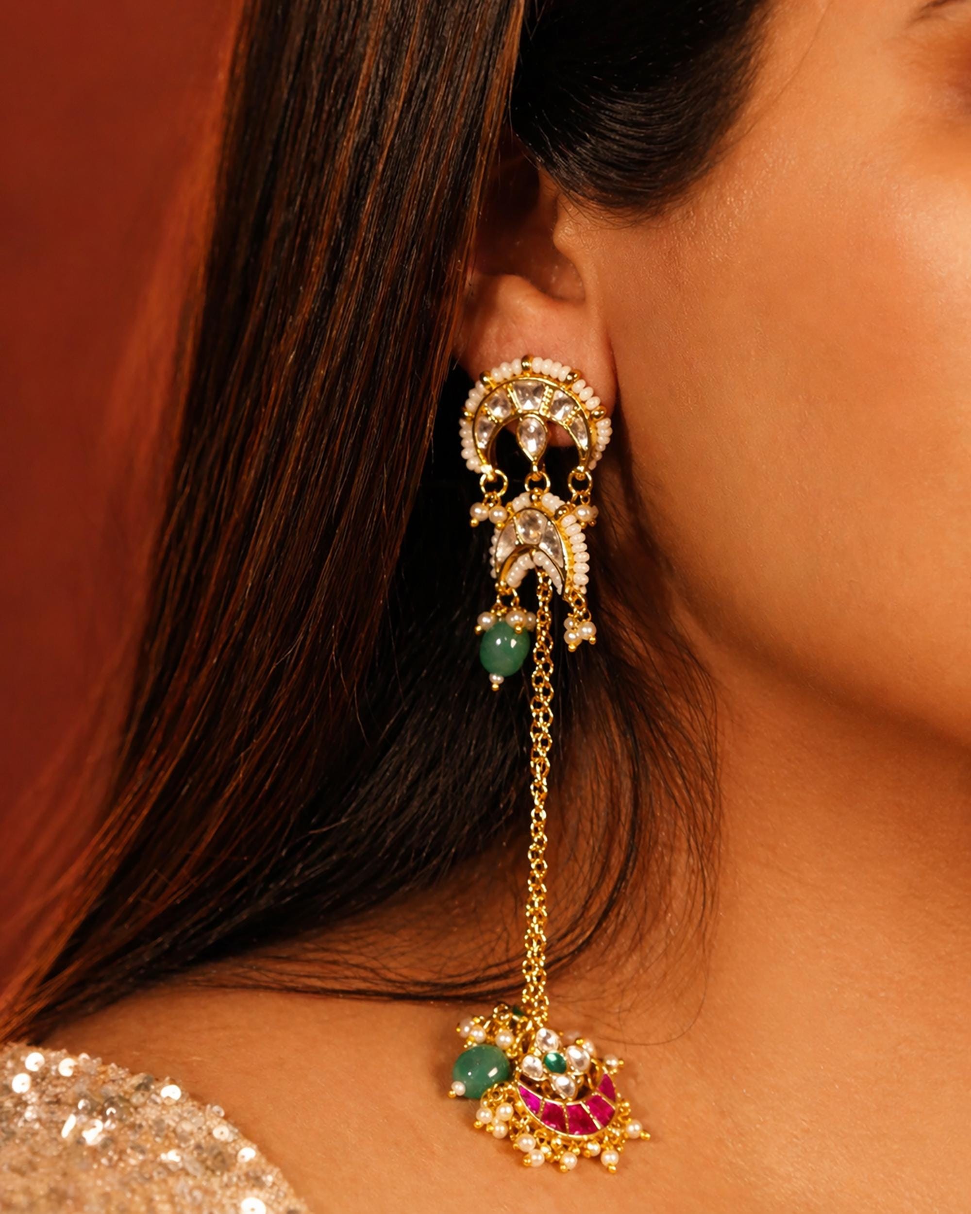 Heritage Kundan Meenakari Crescent Chain Earrings, Bridal Wedding Jewelry